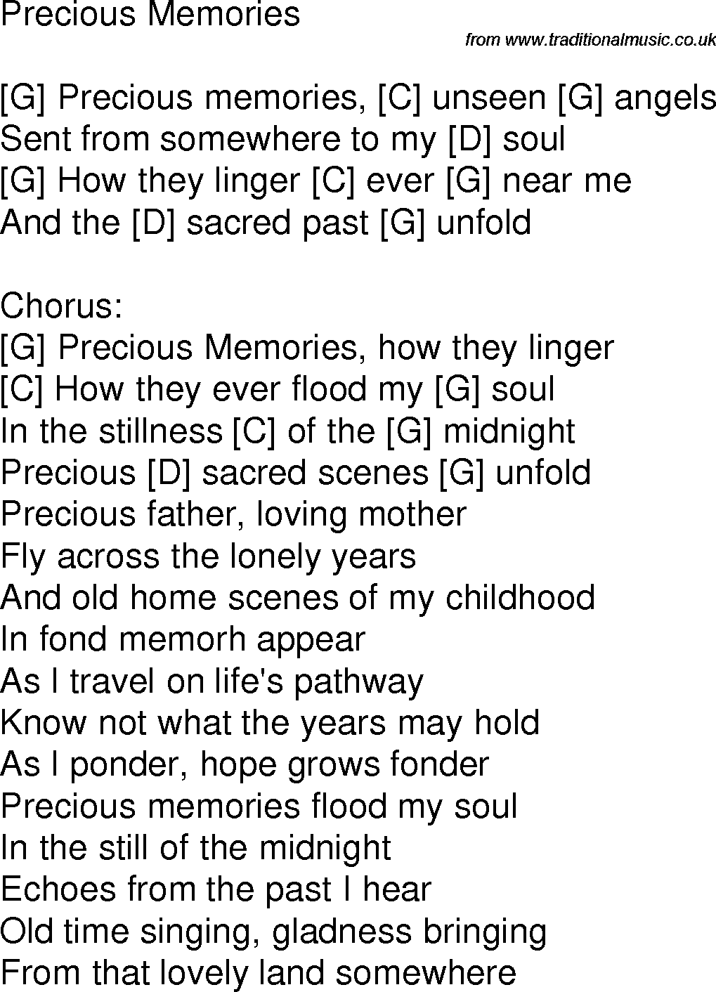 Old time song lyrics with chords for Precious Memories G