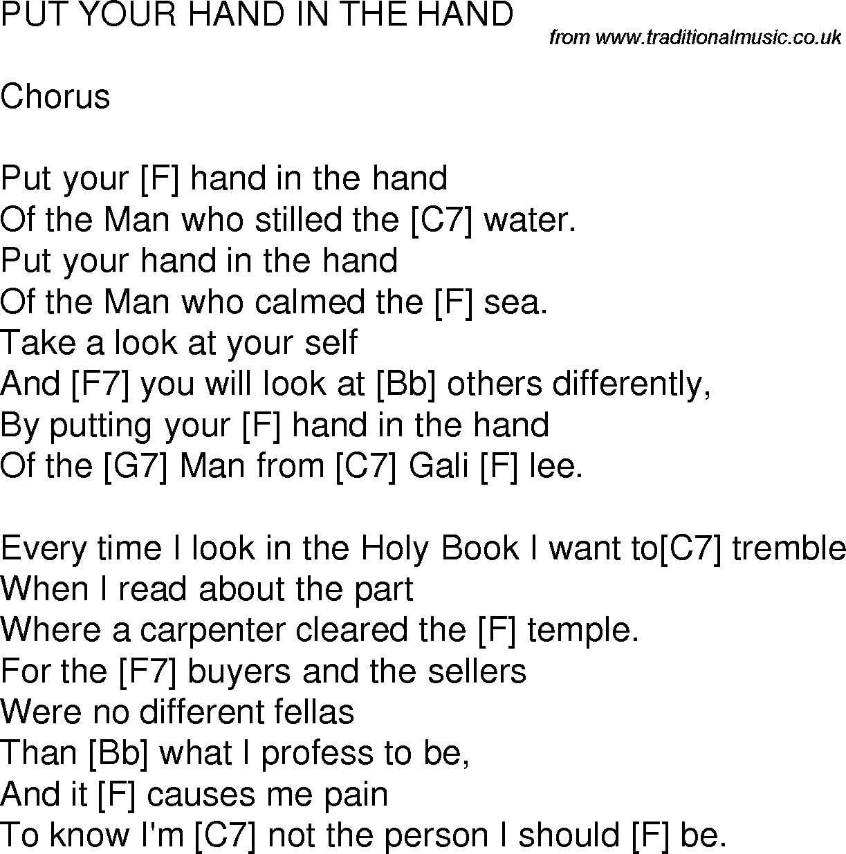 Old time song lyrics with chords for Put Your Hand In The Hand F