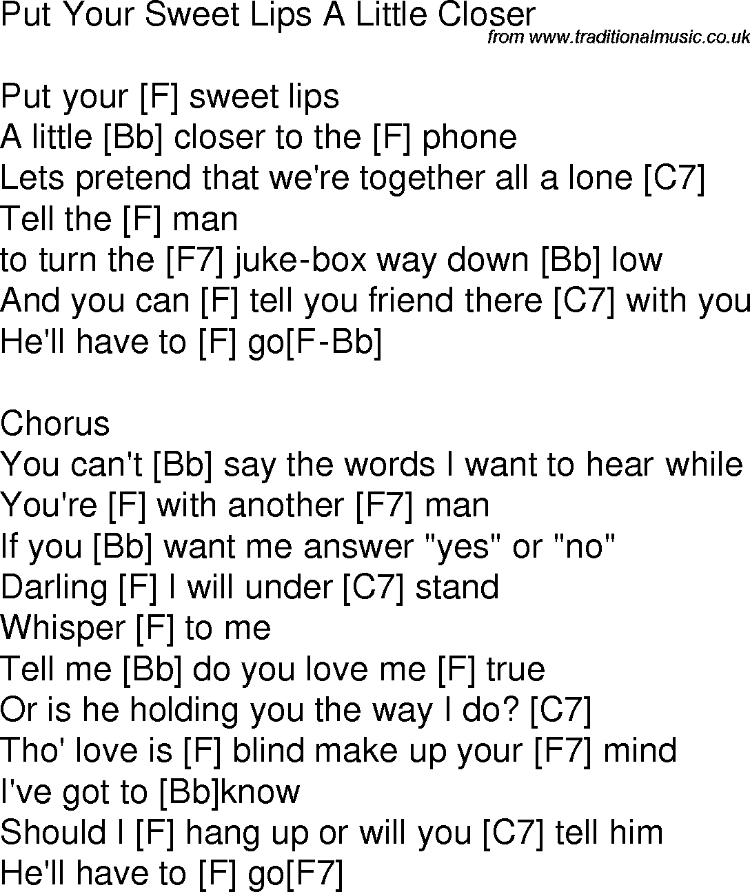Old time song lyrics with chords for Put Your Sweet Lips A Little Closer F