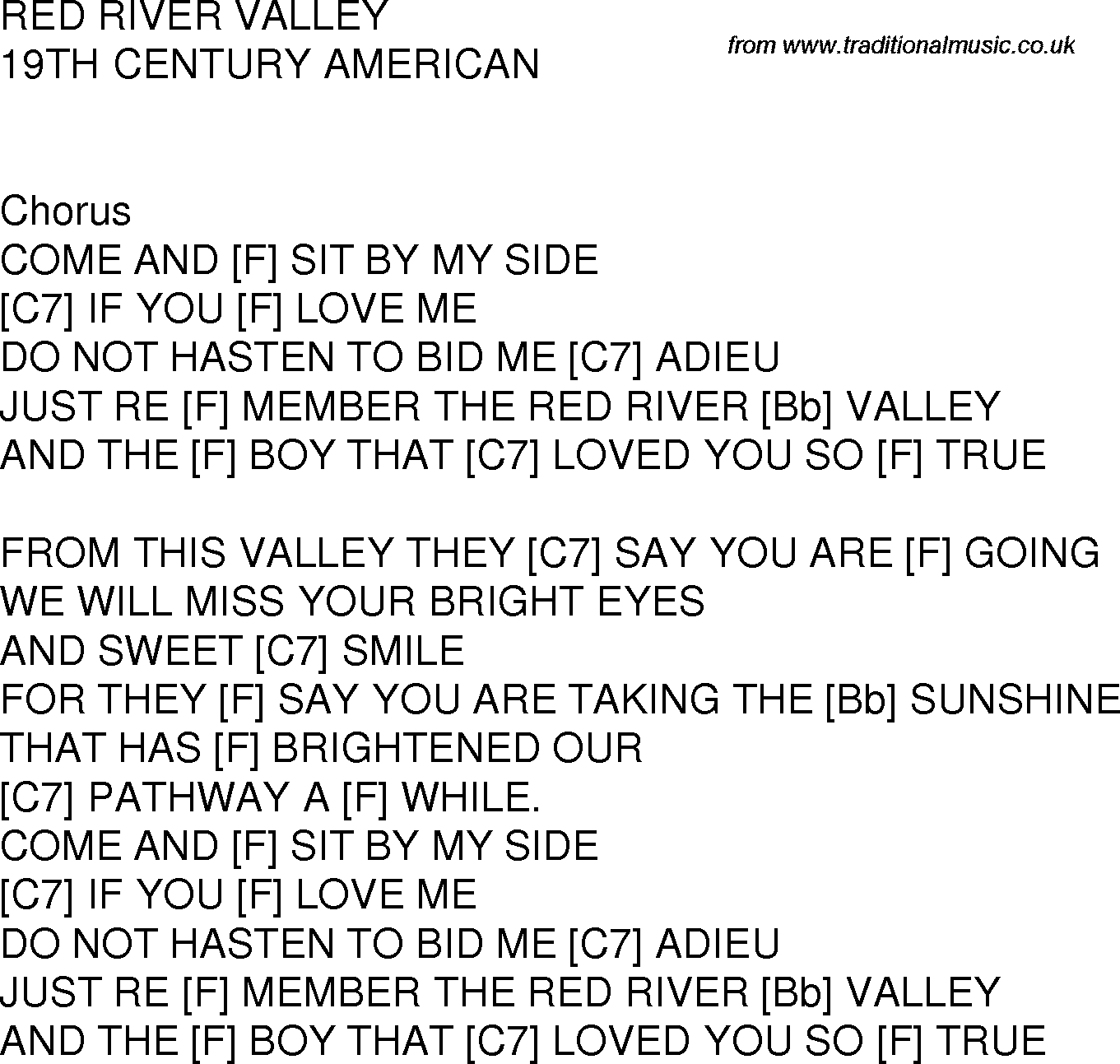 Old time song lyrics with chords for Red River Valley F