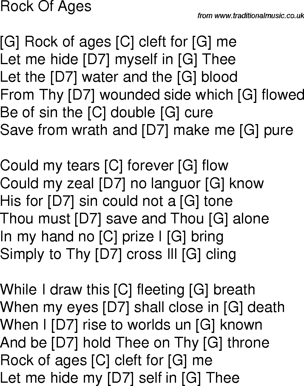 Old time song lyrics with chords for Rock Of Ages G