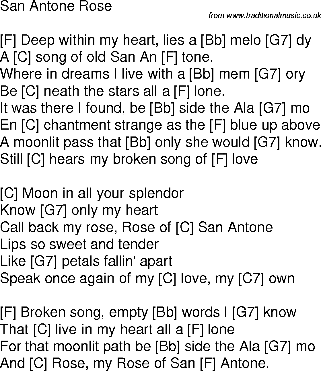 Old time song lyrics with chords for San Antone Rose F