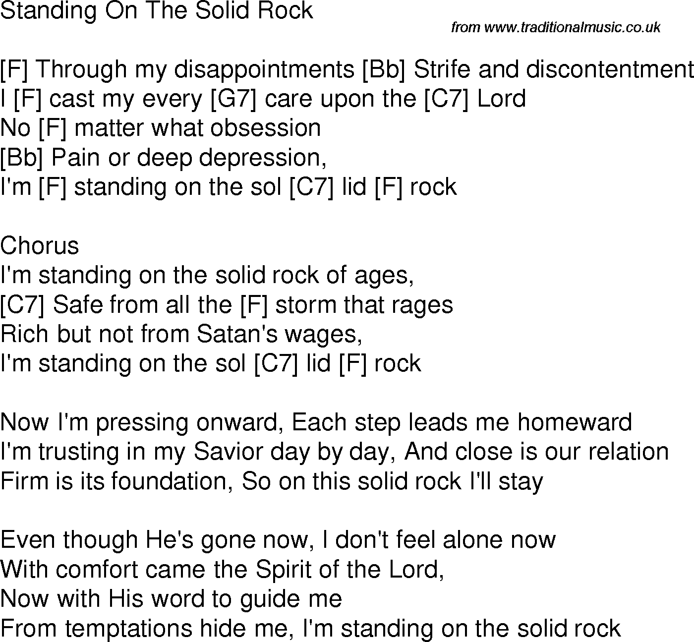 Old time song lyrics with chords for Standing On The Solid Rock F