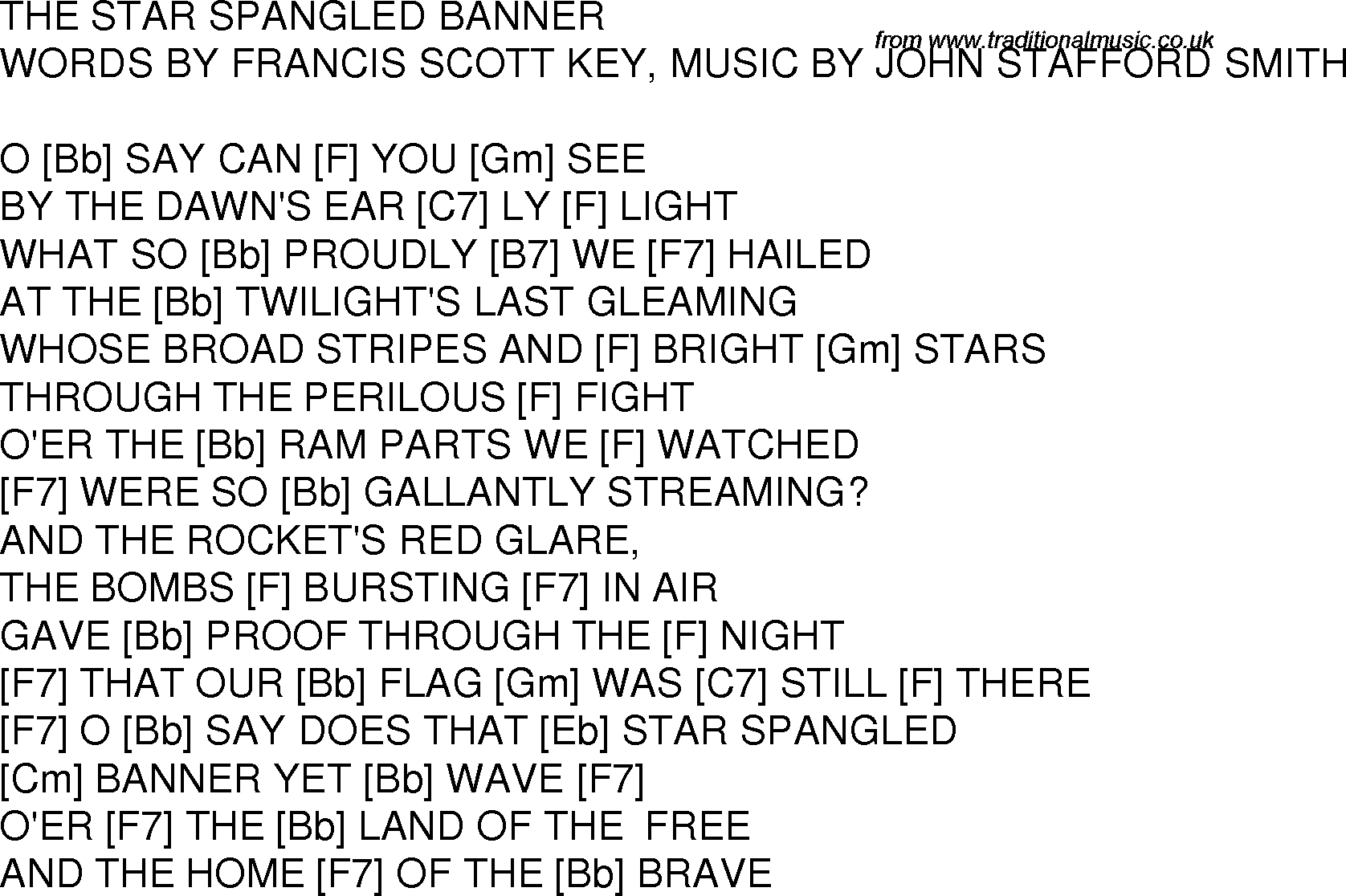 Old time song lyrics with chords for Star Spangled Banner Bb