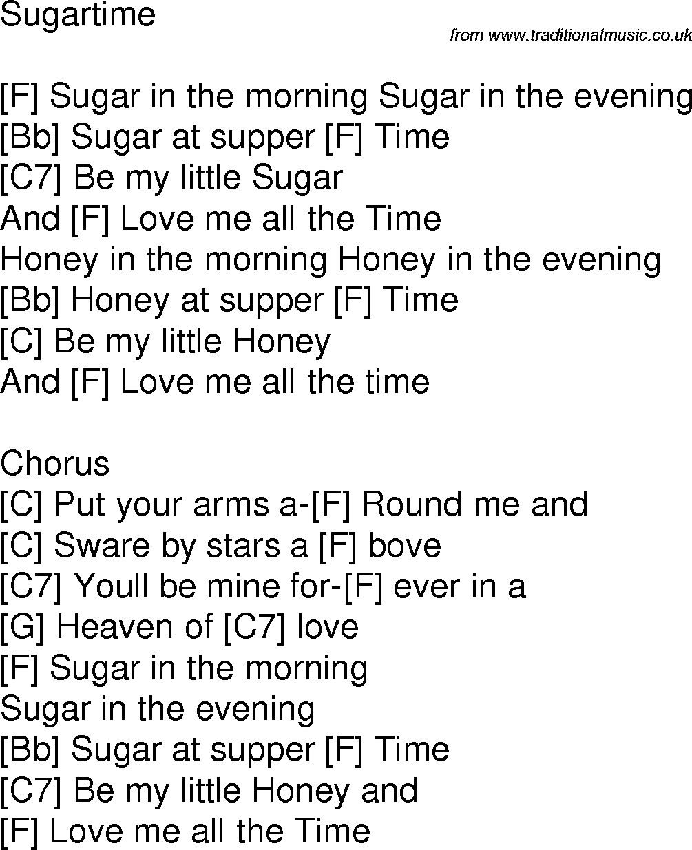 Old time song lyrics with chords for Sugartime F