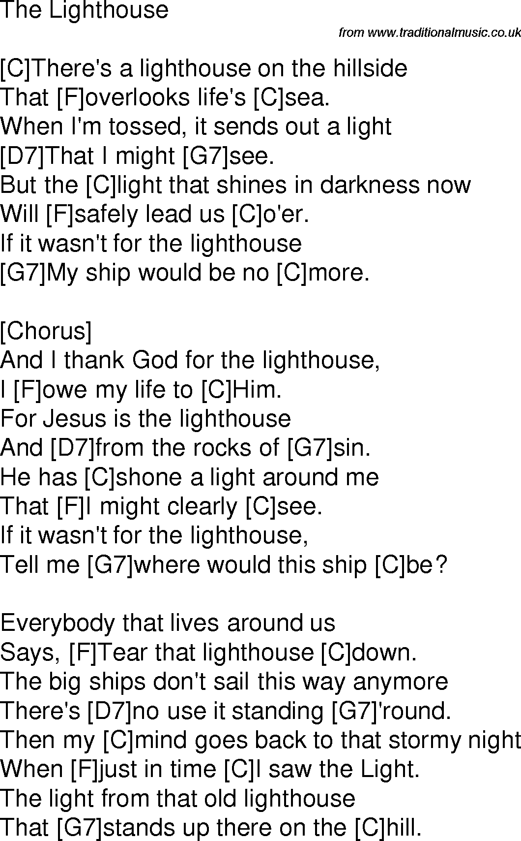 Old time song lyrics with chords for The Lighthouse C