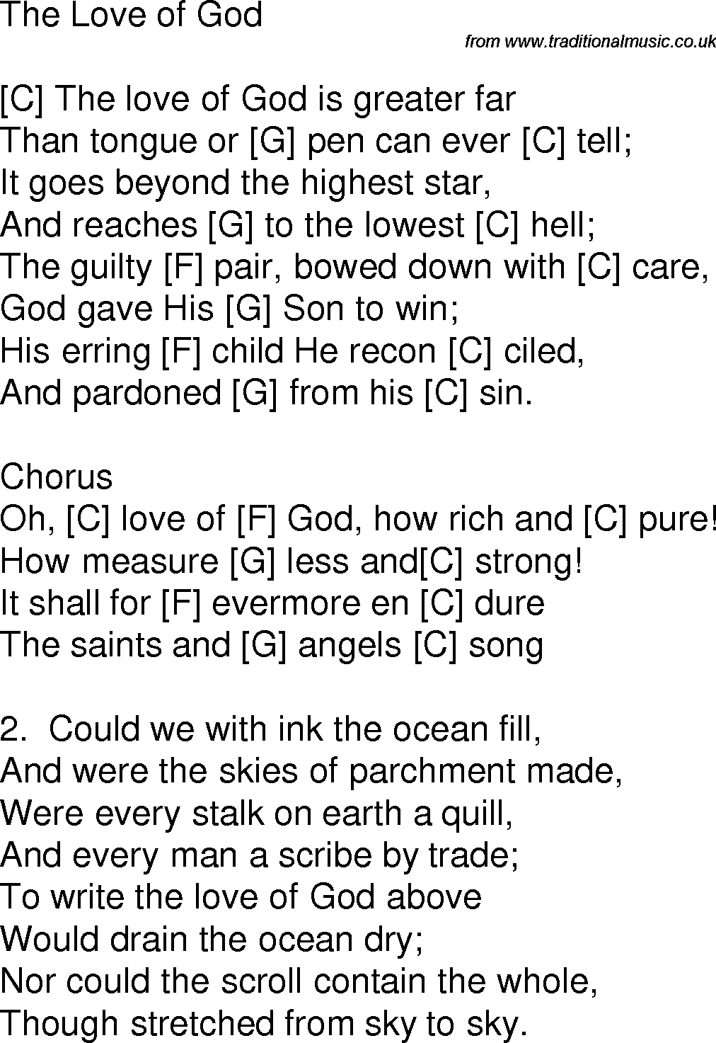 Old time song lyrics with chords for The Love Of God C