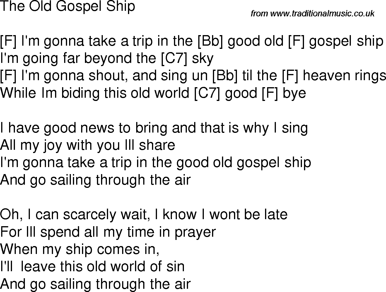 Old time song lyrics with chords for The Old Gospel Ship F