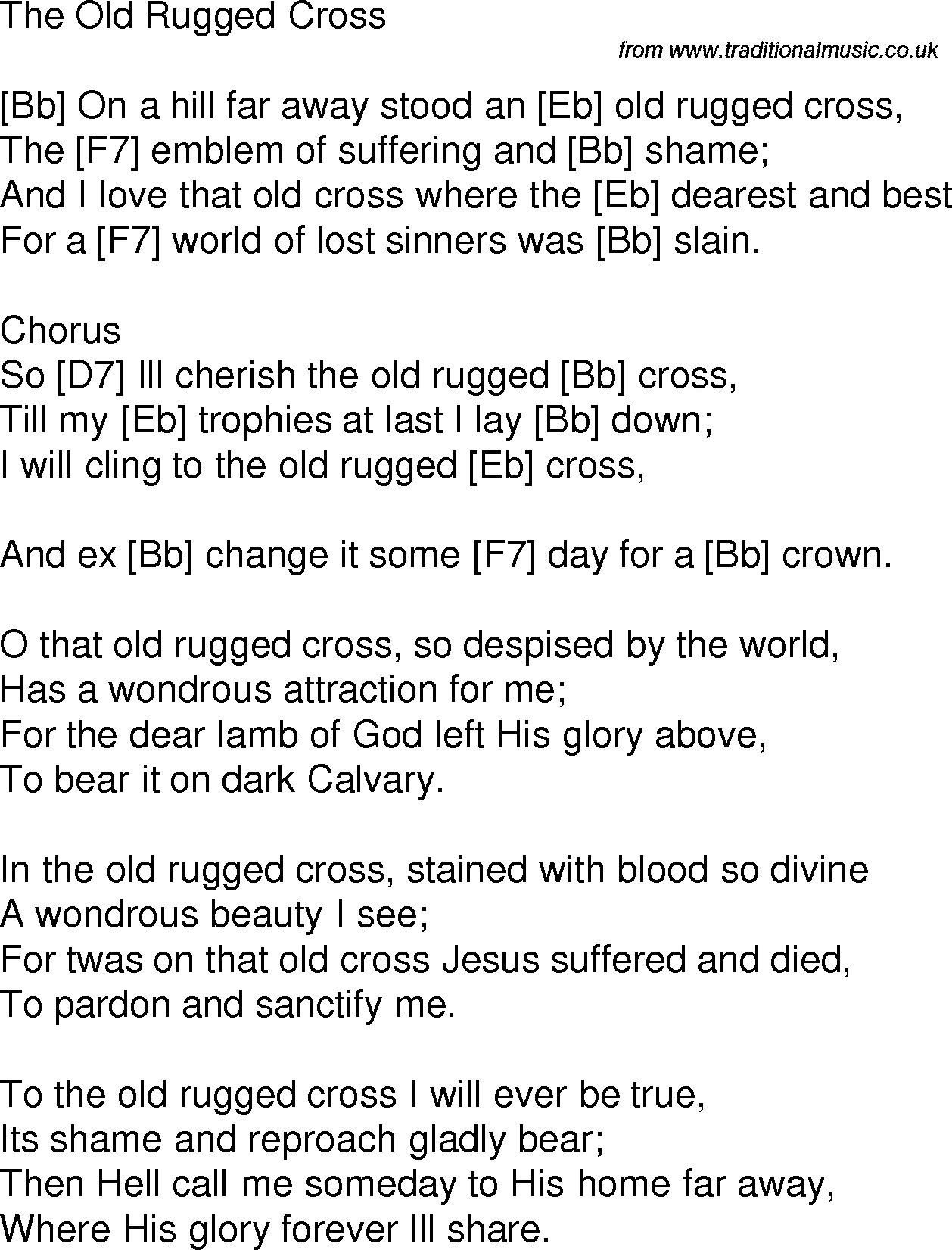 Old time song lyrics with chords for The Old Rugged Cross Bb