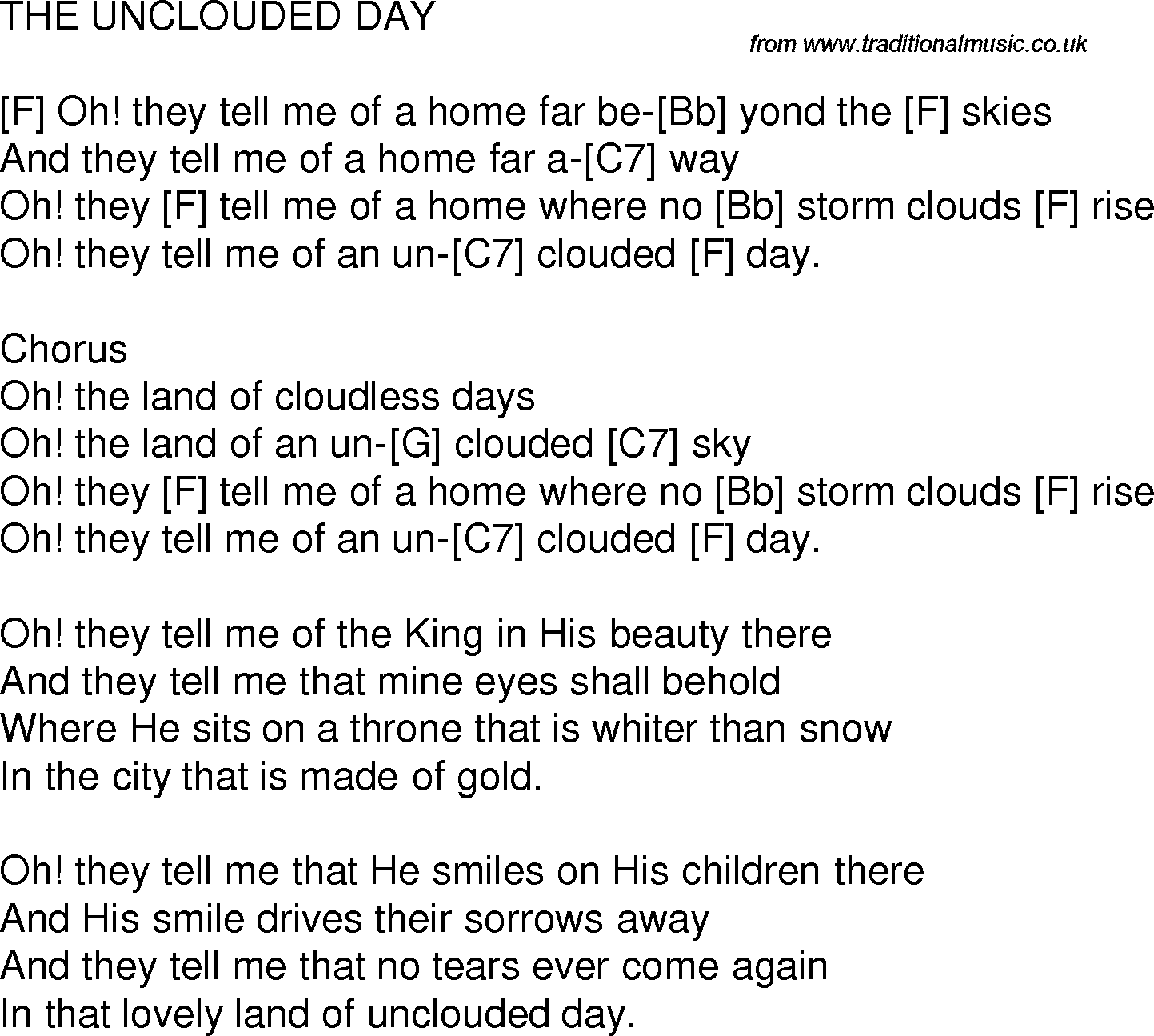 Old time song lyrics with chords for The Unclouded Day D