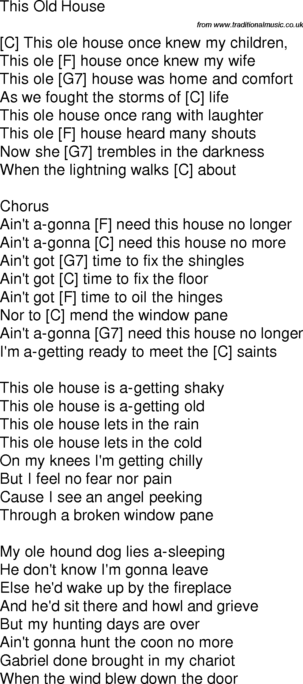 Old time song lyrics with chords for This Old House C