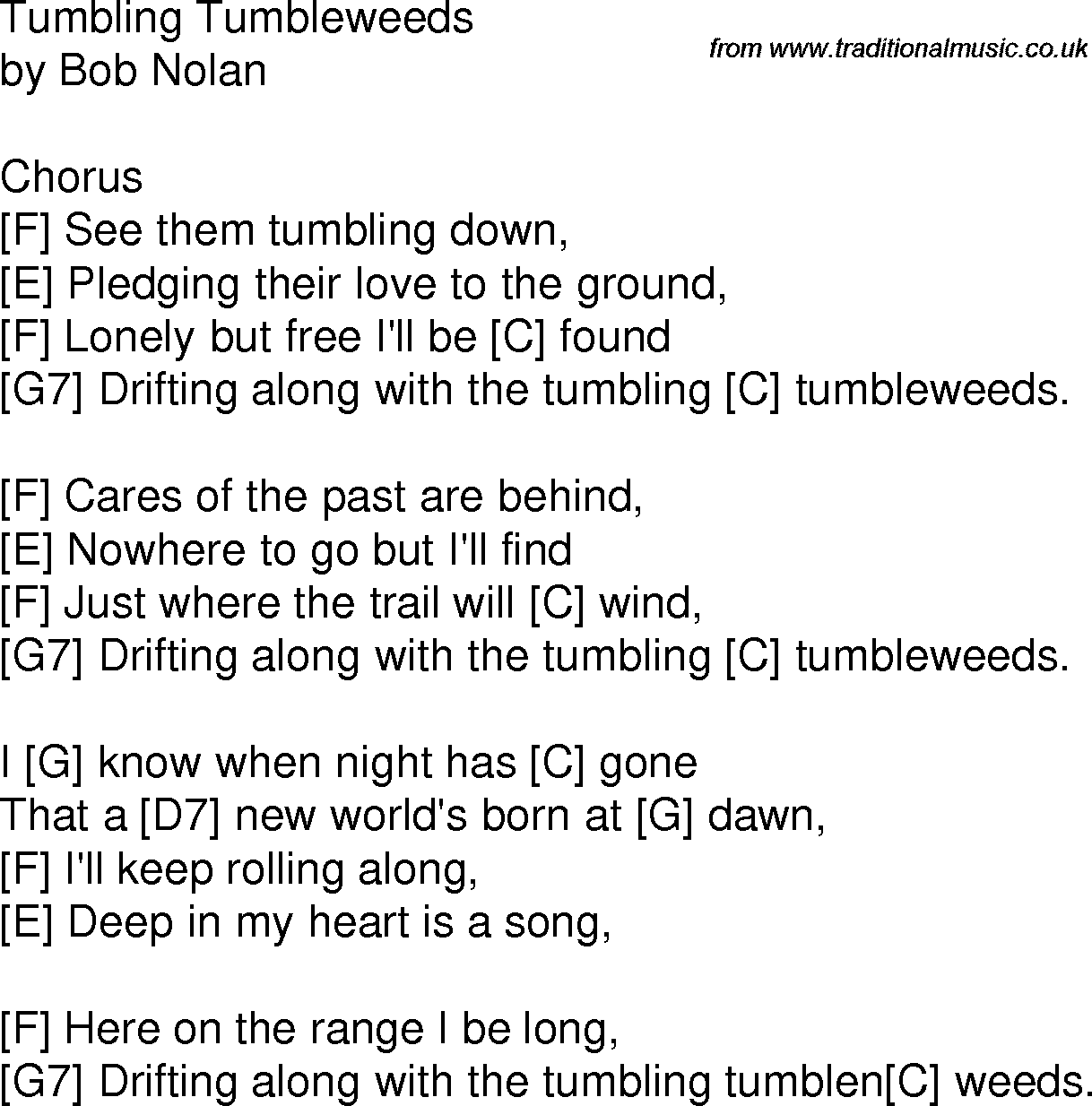 Old time song lyrics with chords for Tumbling Tumbleweeds C