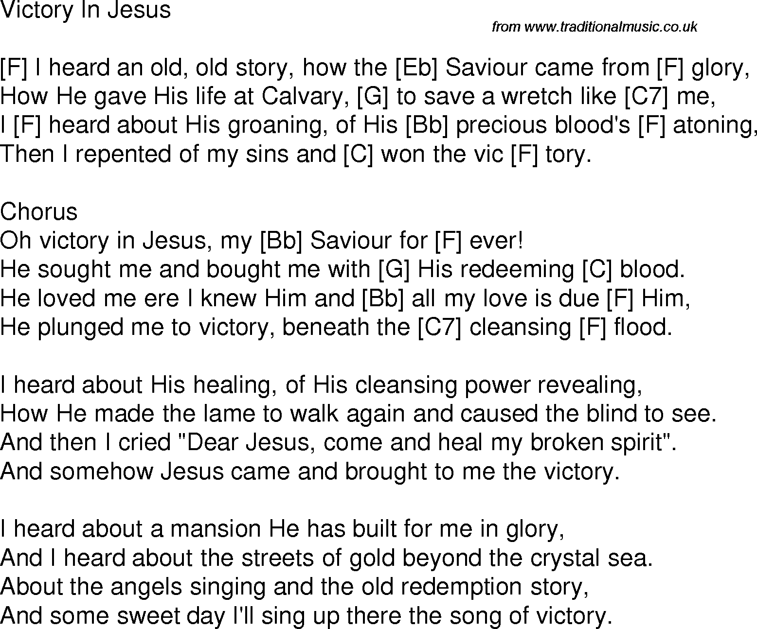 Old time song lyrics with chords for Victory In Jesus D
