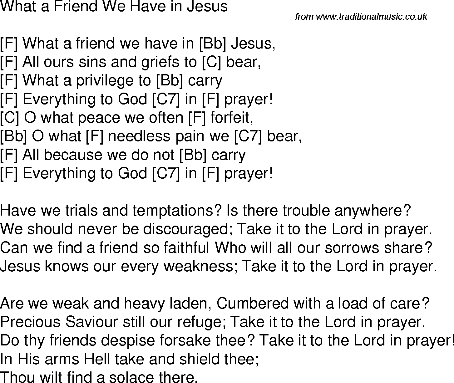Old time song lyrics with chords for What A Friend We Have In Jesus F
