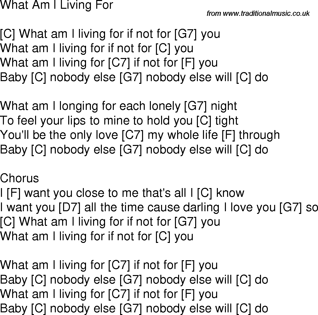 Old time song lyrics with chords for What Am I Living For C