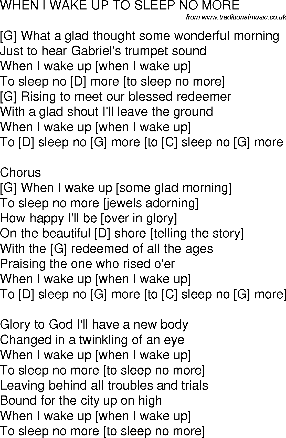 Old time song lyrics with chords for When I Wake Up To Sleep No More G