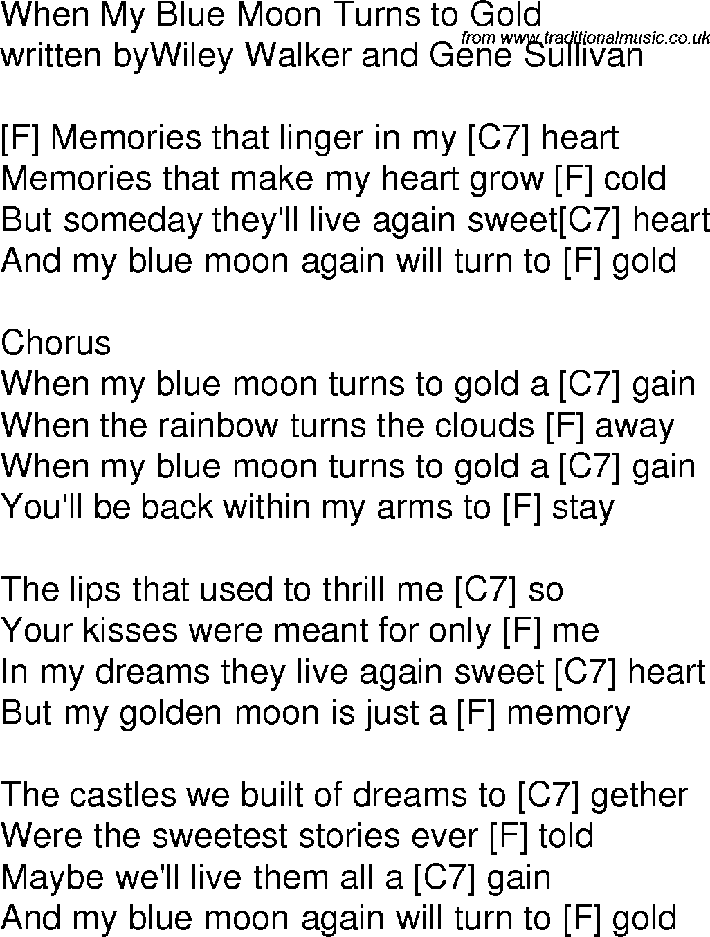 Old time song lyrics with chords for When My Blue Moon Turns To Gold F