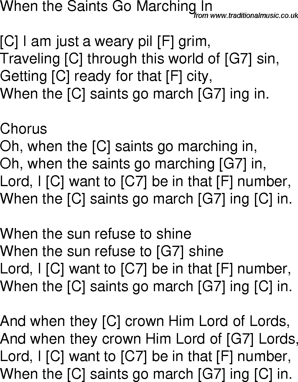Old time song lyrics with chords for When The Saints Go Marching In C