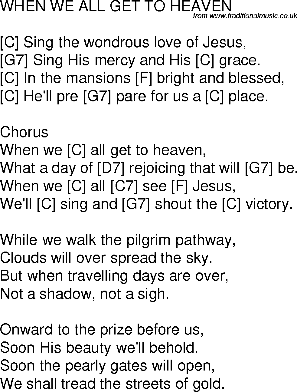 Old time song lyrics with chords for When We All Get To Heaven C