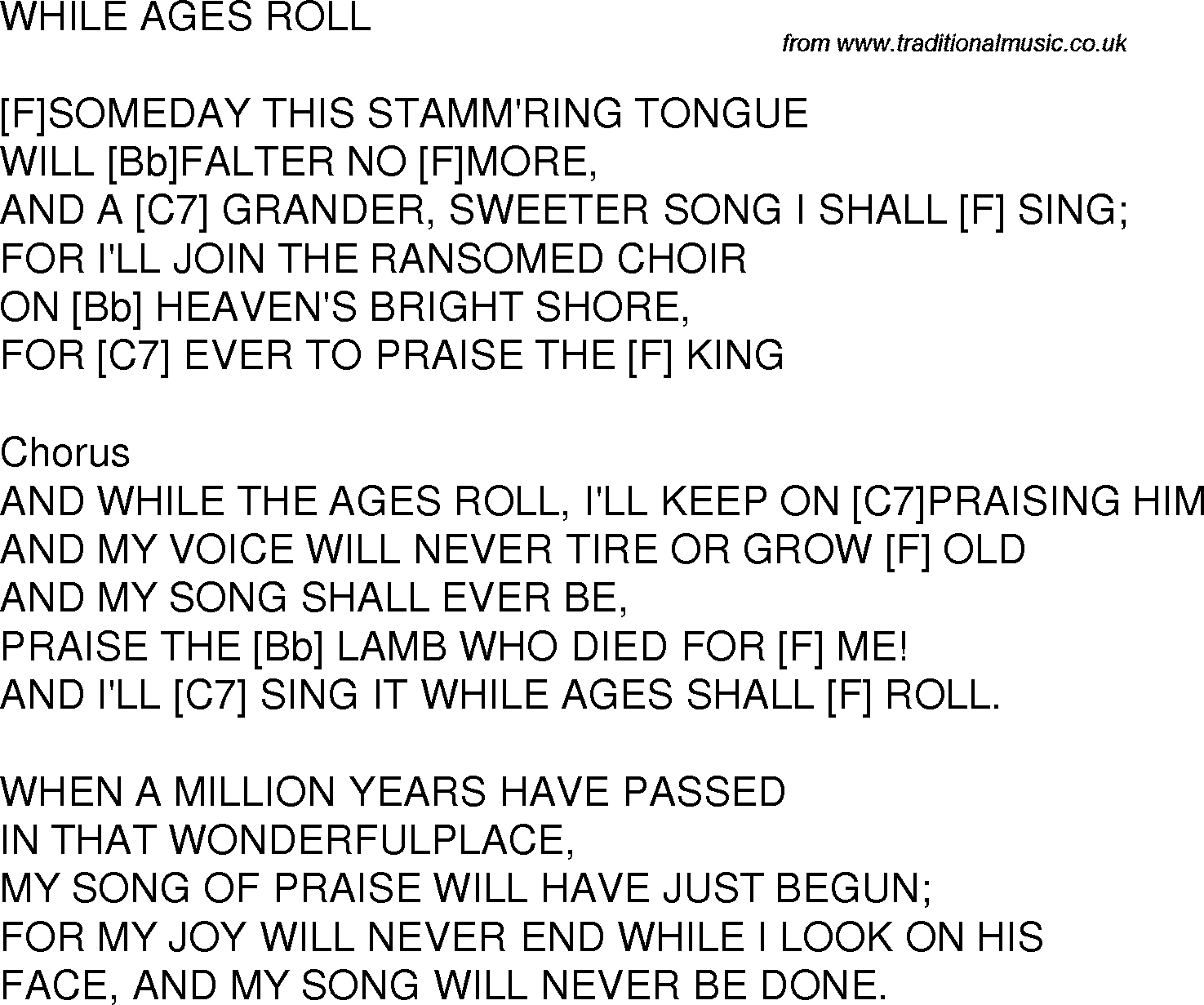 Old time song lyrics with chords for While The Ages Roll F