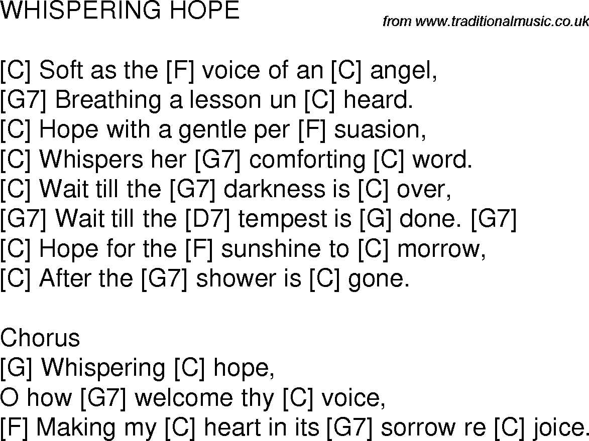 Old time song lyrics with chords for Whispering Hope C