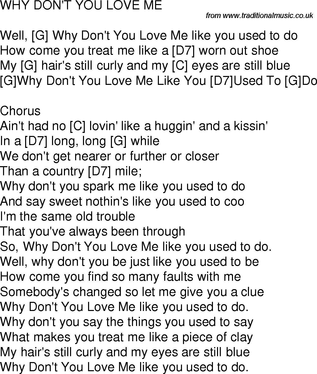 Old time song lyrics with chords for Why Don't You Love Me Like You Used To Do G