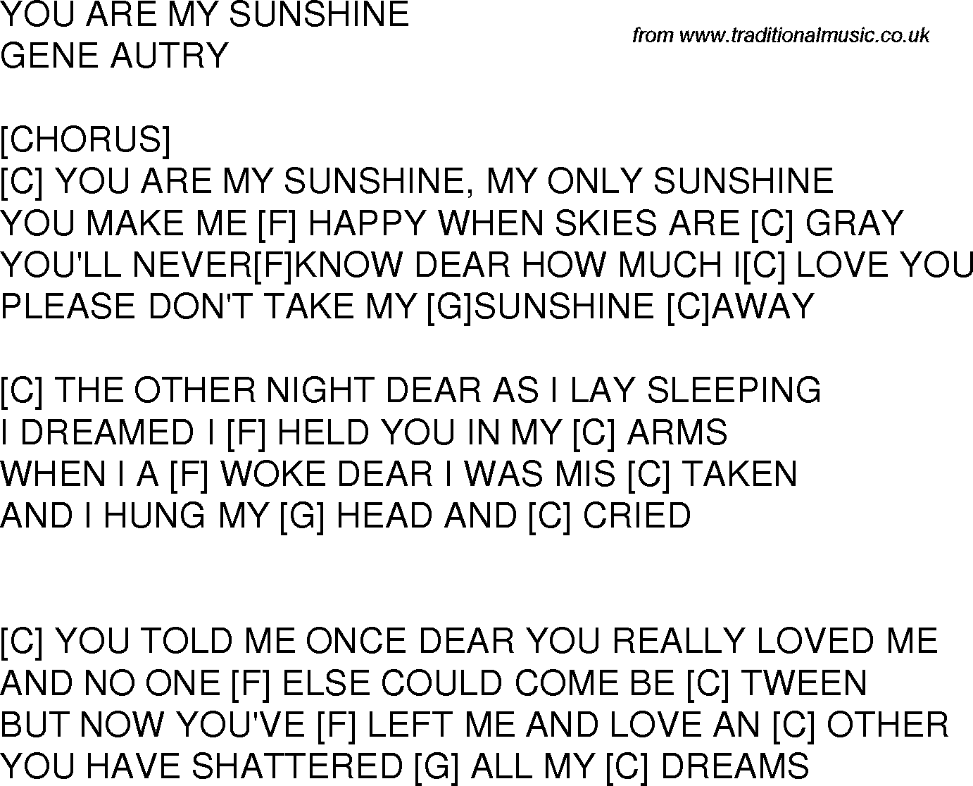 Old time song lyrics with chords for You Are My Sunshine C