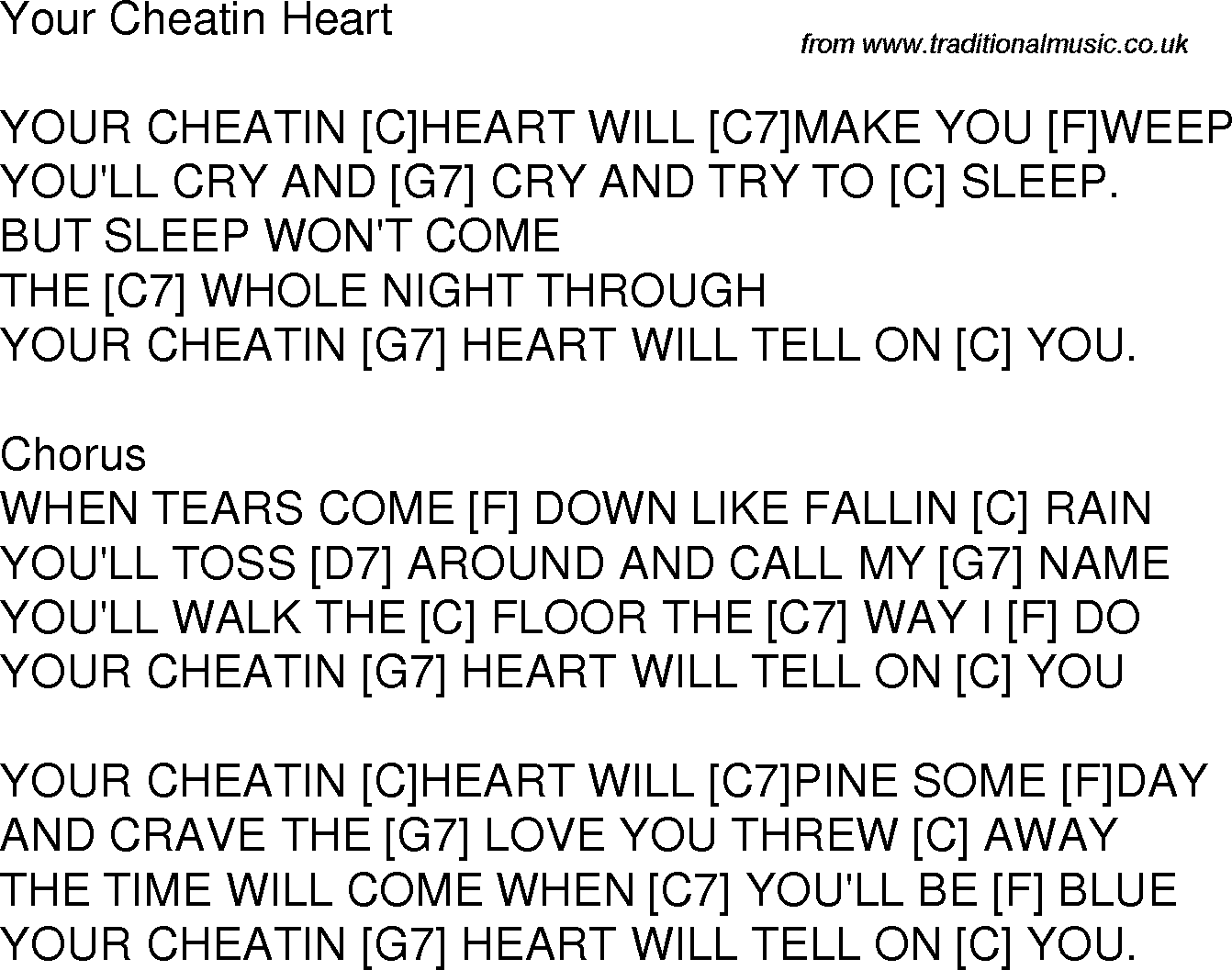 Old time song lyrics with chords for Your Cheatin Heart C