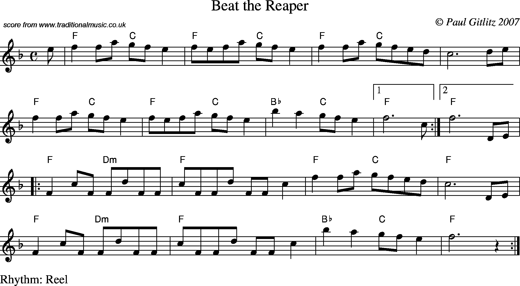 Sheet Music Score for Reel - Beat the Reaper