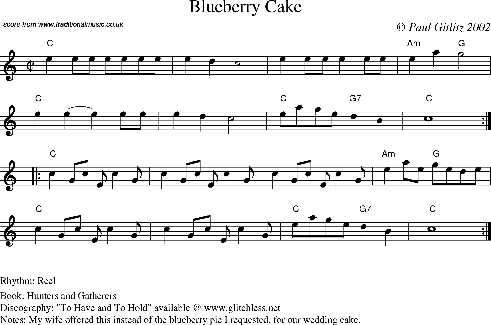 Sheet Music Score for Reel - Blueberry Cake