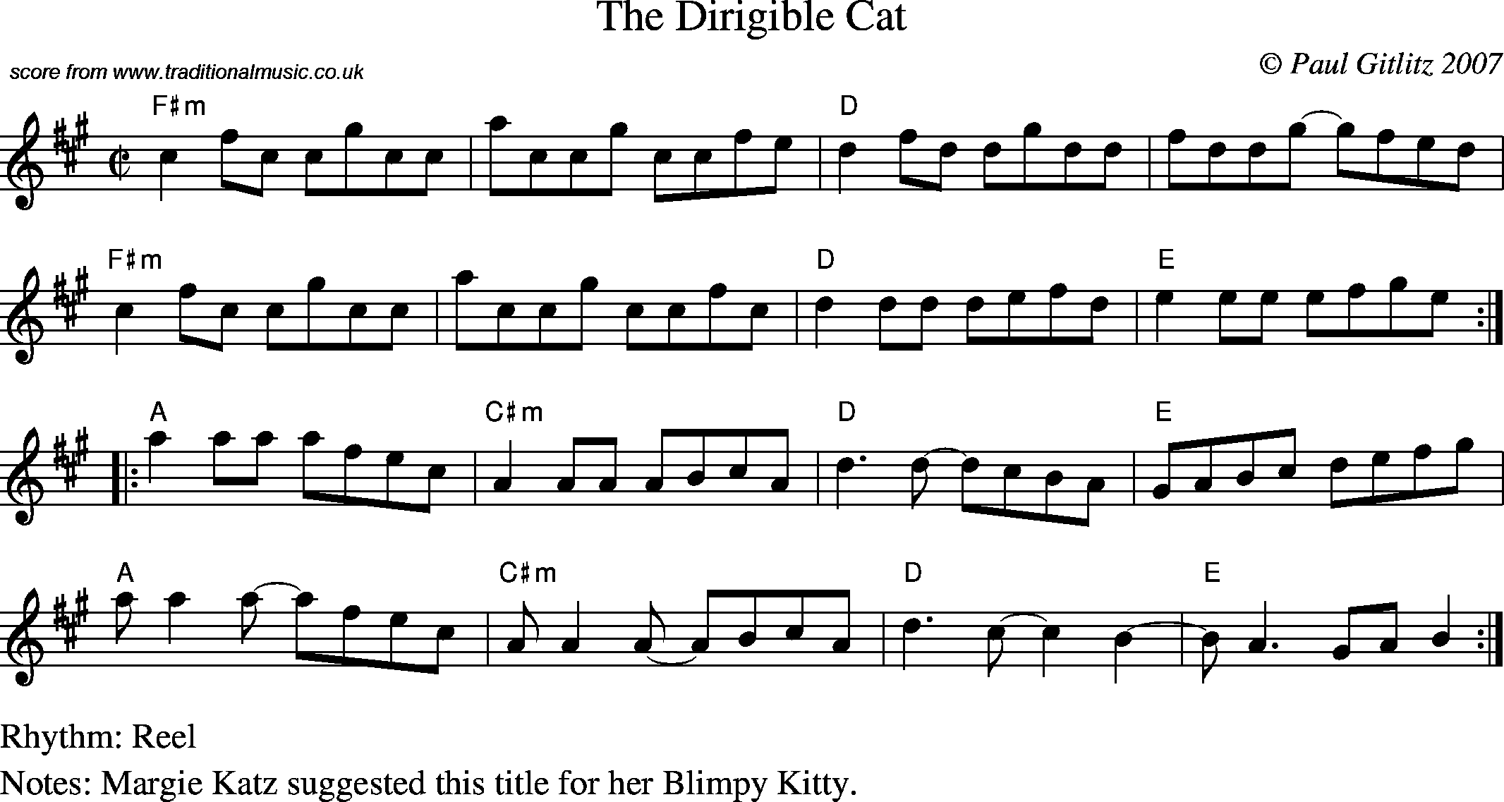 Sheet Music Score for Reel - Dirigible Cat, The