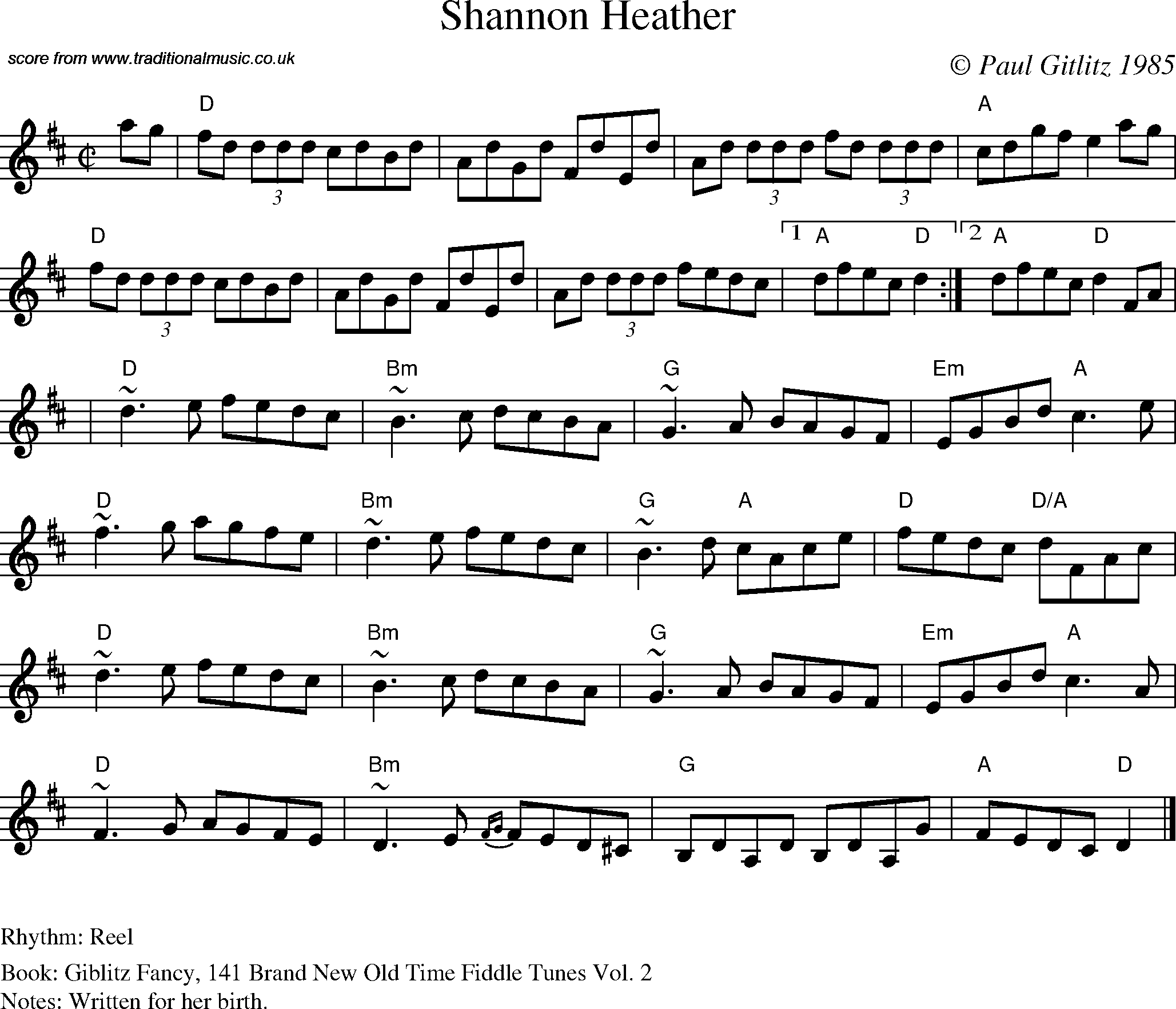 Sheet Music Score for Reel - Shannon Heather