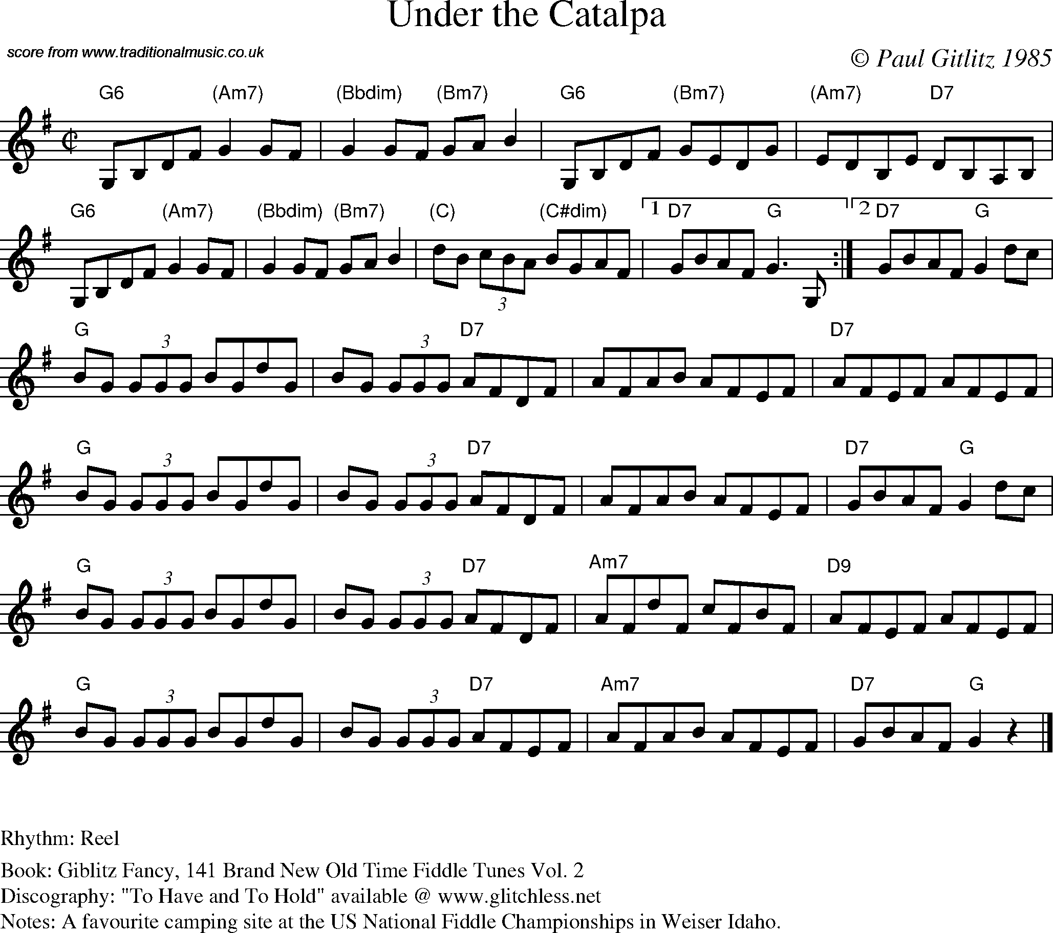 Sheet Music Score for Reel - Under the Catalpa