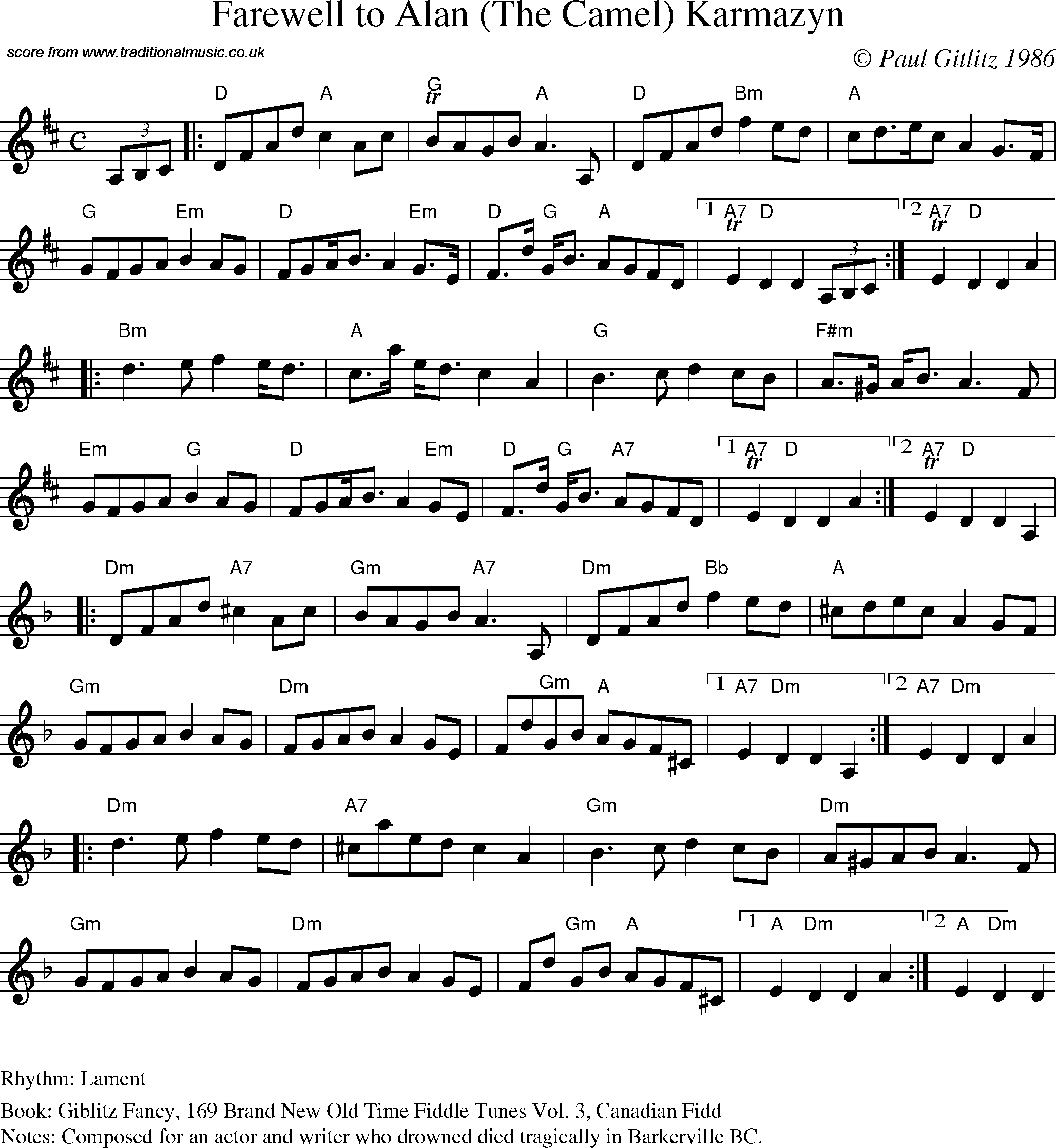 Sheet Music Score for Air - Farewell to Alan (The Camel) Karmazyn