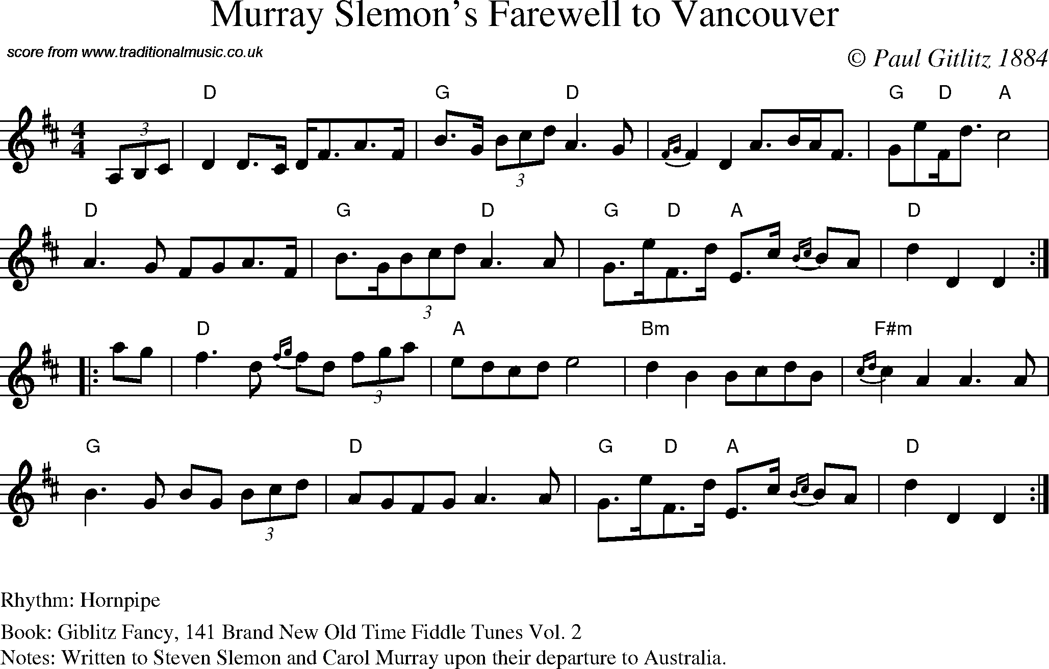 Sheet Music Score for Air - Murray Slemon's Farewell to Vancouver