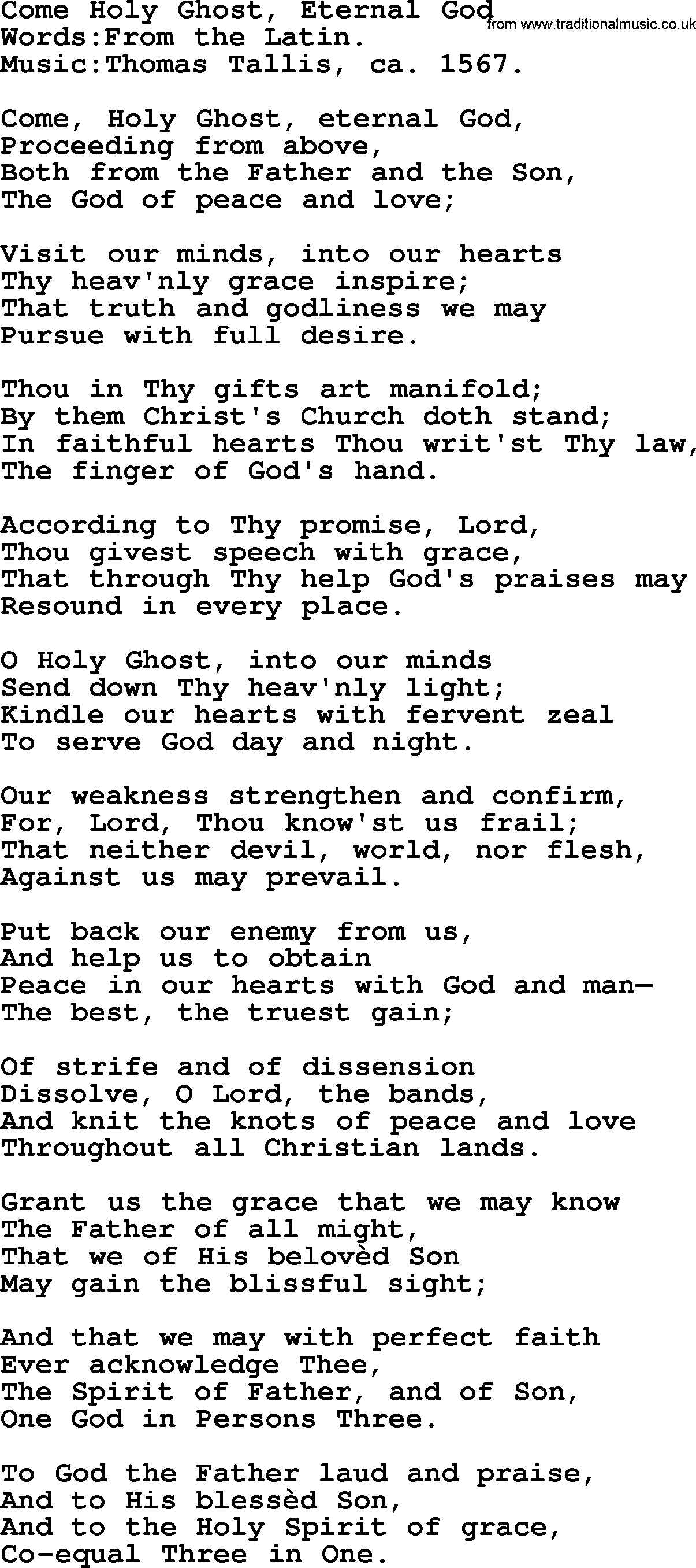 Pentacost Hymns, Hymn: Come Holy Ghost, Eternal God, lyrics with PDF