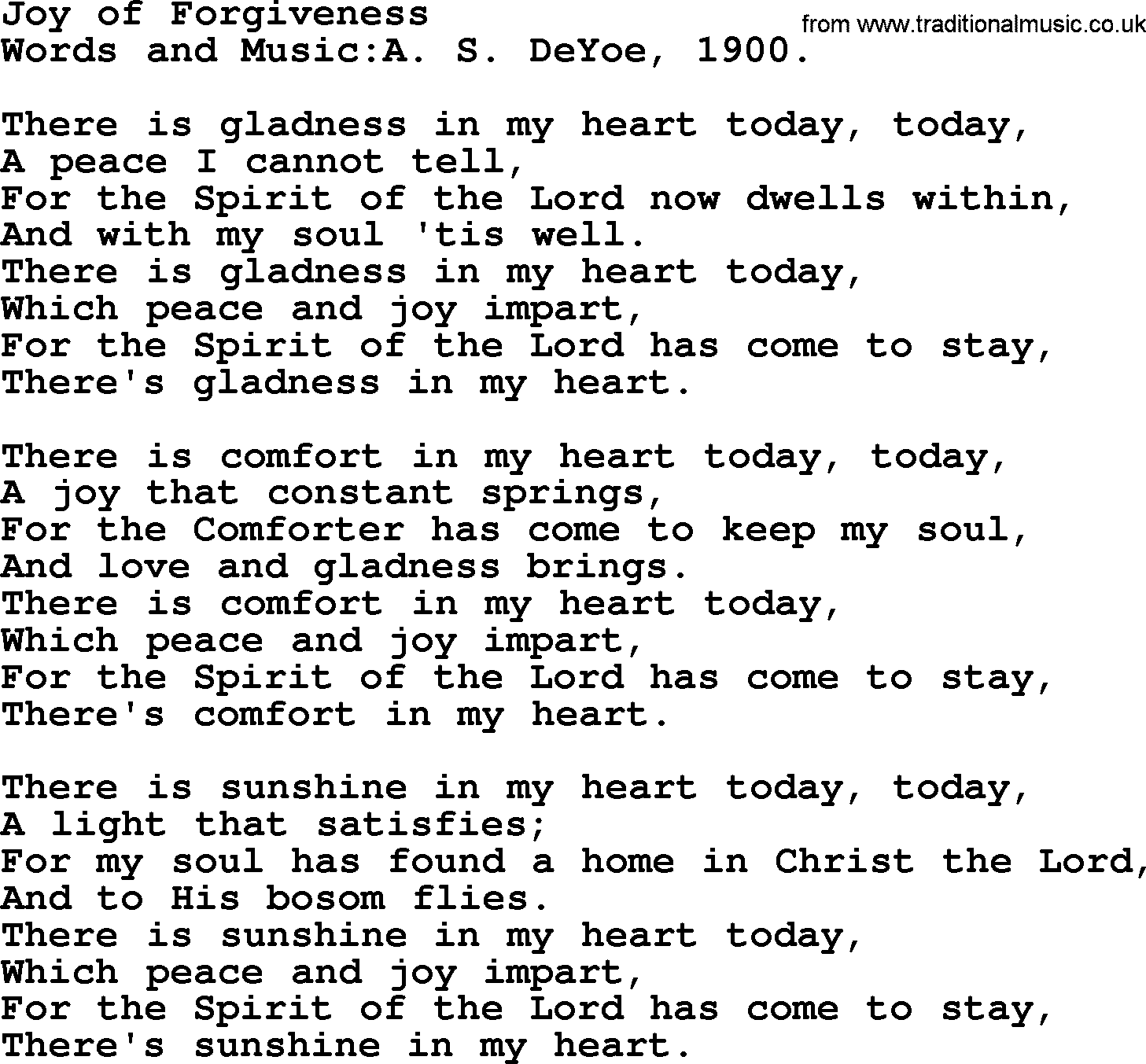 Pentecost Hymns, Song: Joy Of Forgiveness - lyrics and PDF