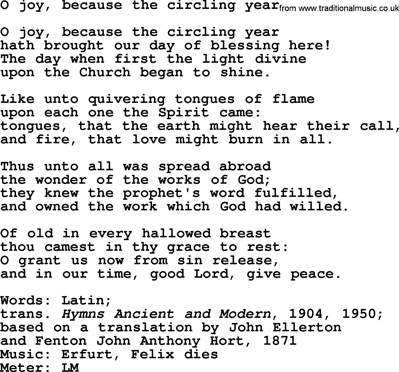 Pentacost Hymns, Hymn: O Joy, Because The Circling Year, lyrics with PDF