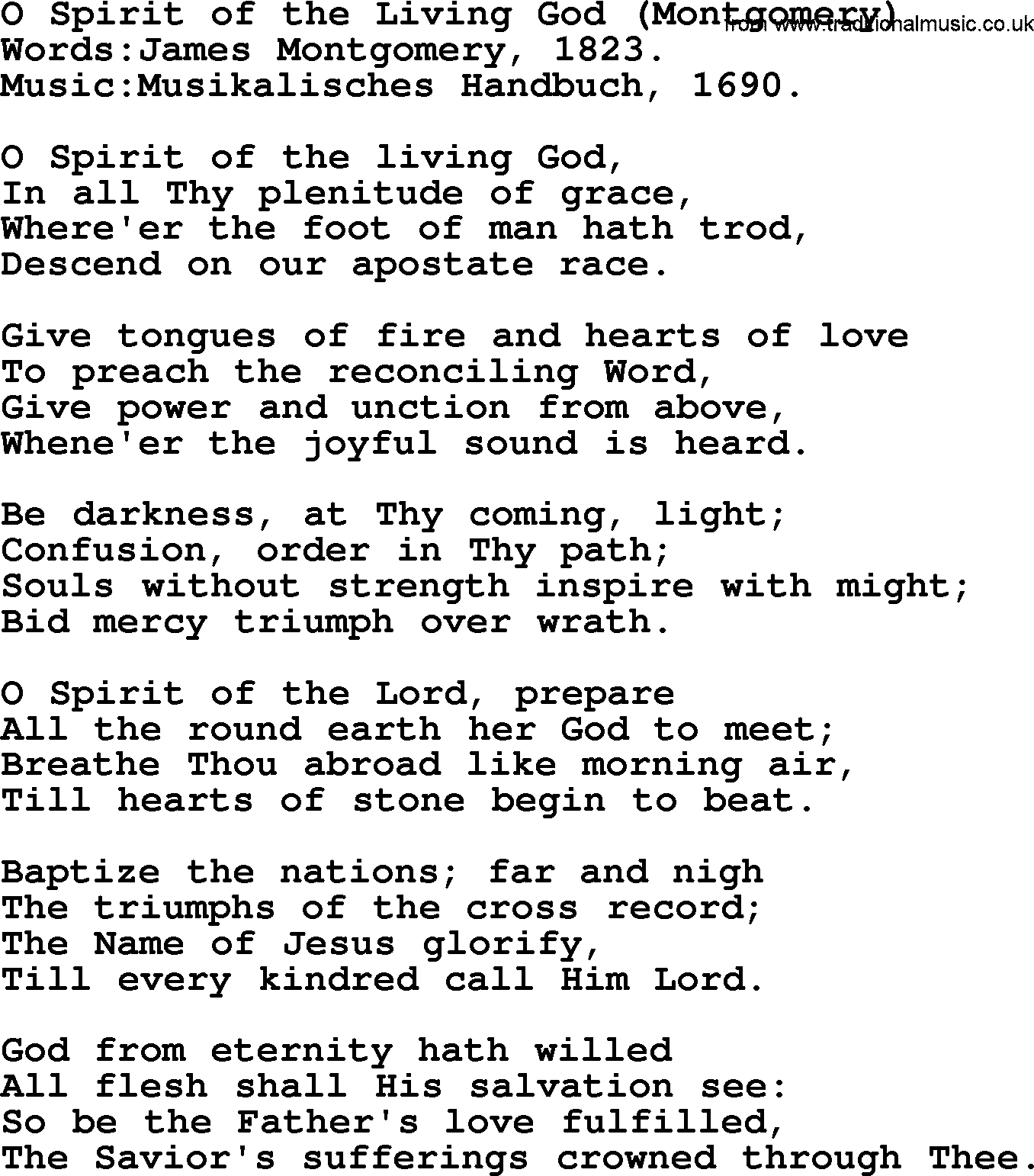 Pentacost Hymns, Hymn: O Spirit Of The Living God (Montgomery), lyrics with PDF