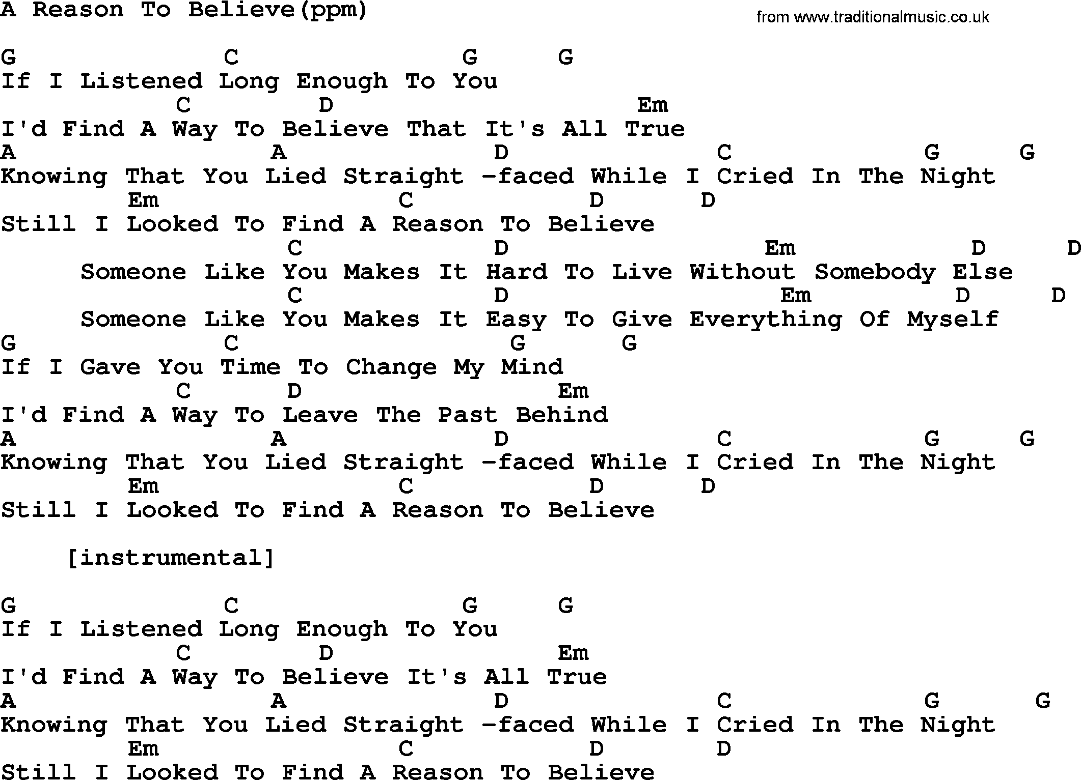 Peter, Paul and Mary song A Reason To Believe, lyrics and chords