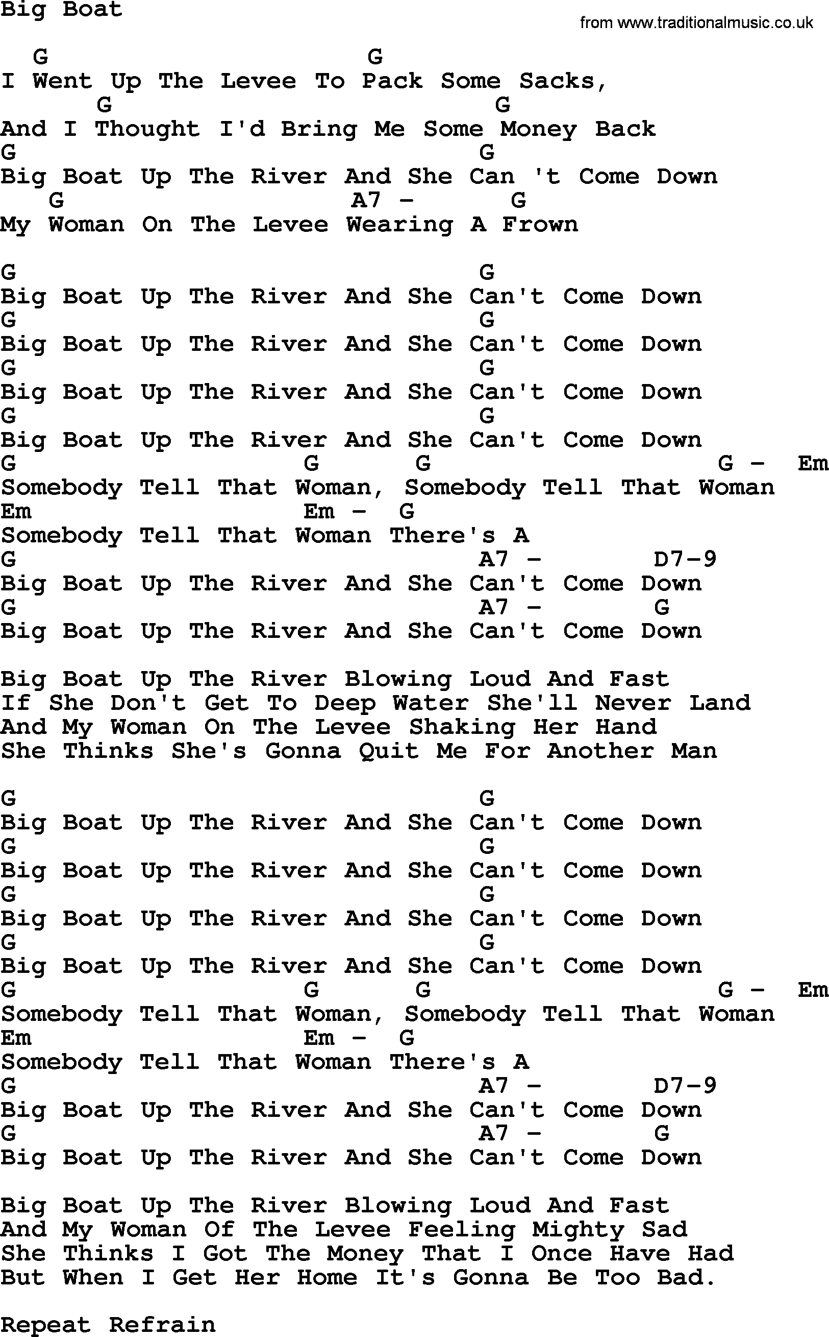 Peter, Paul and Mary song Big Boat, lyrics and chords