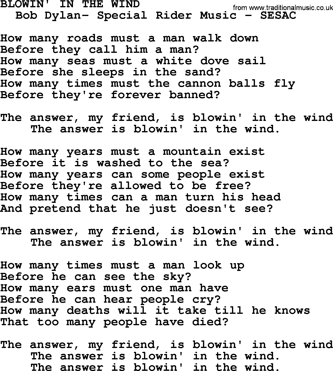Peter, Paul and Mary song Blowin In The Wind lyrics