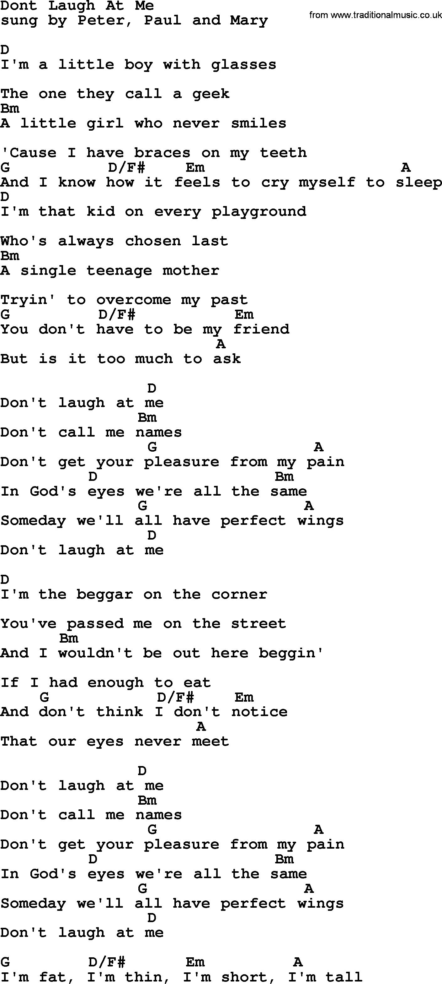 Peter, Paul and Mary song Dont Laugh At Me, lyrics and chords