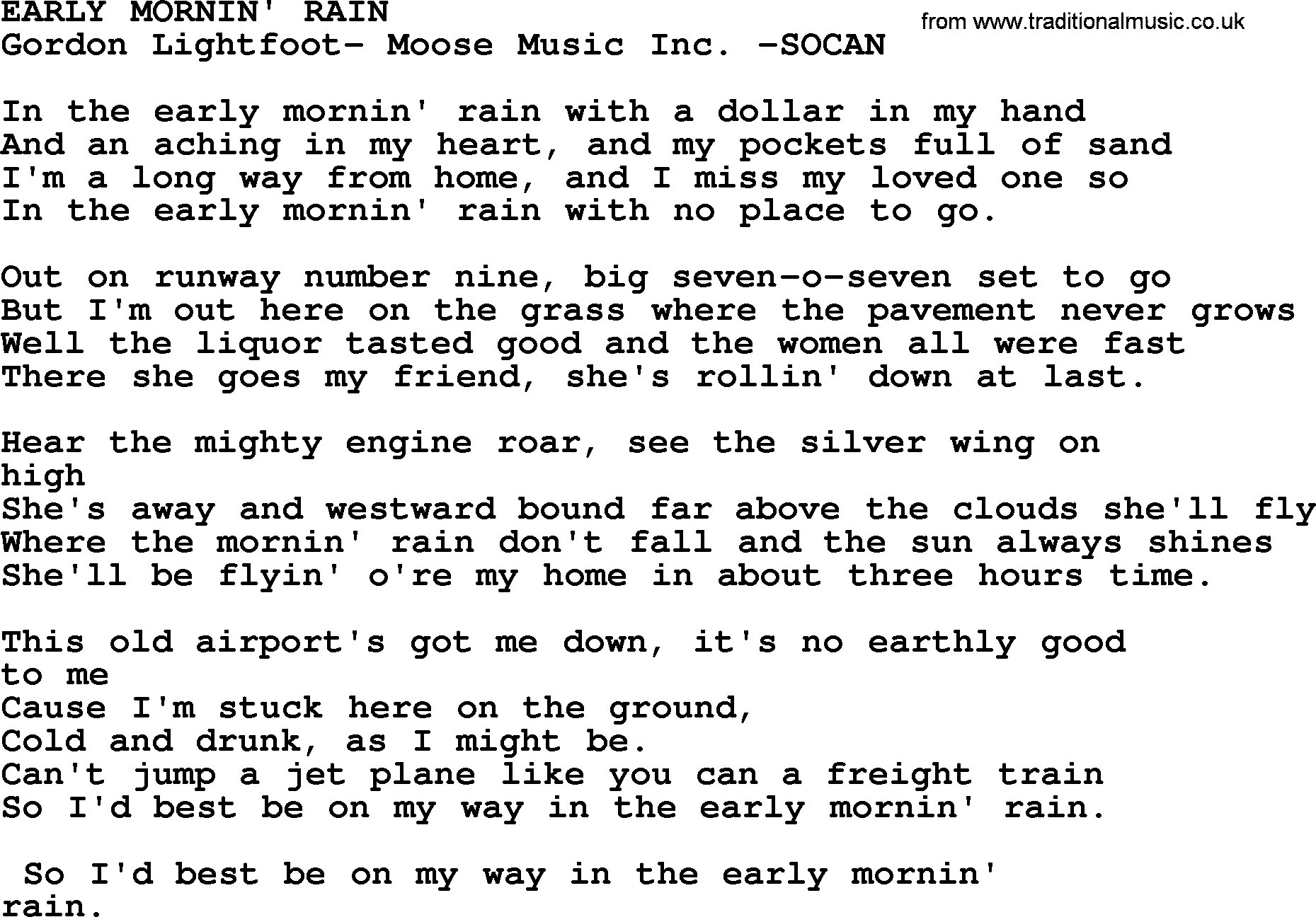 Peter, Paul and Mary song Early Mornin Rain lyrics