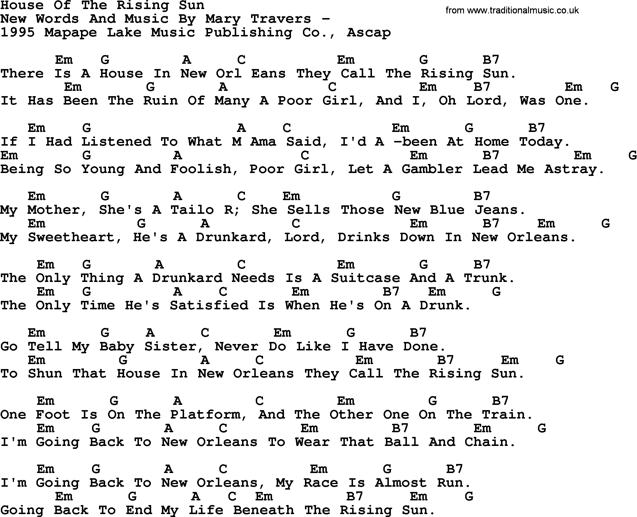 Peter, Paul and Mary song House Of The Rising Sun, lyrics and chords