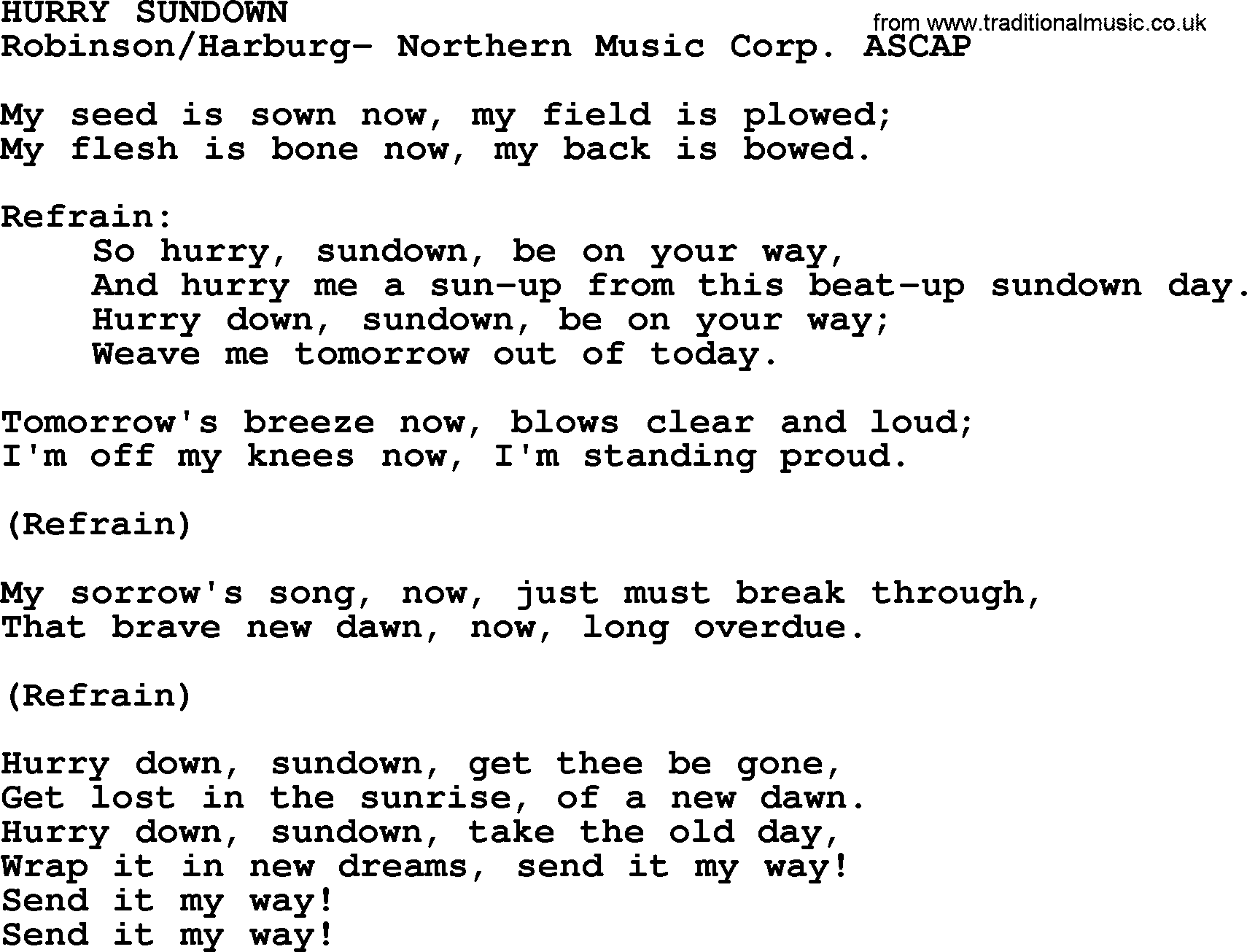 Peter, Paul and Mary song Hurry Sundown lyrics
