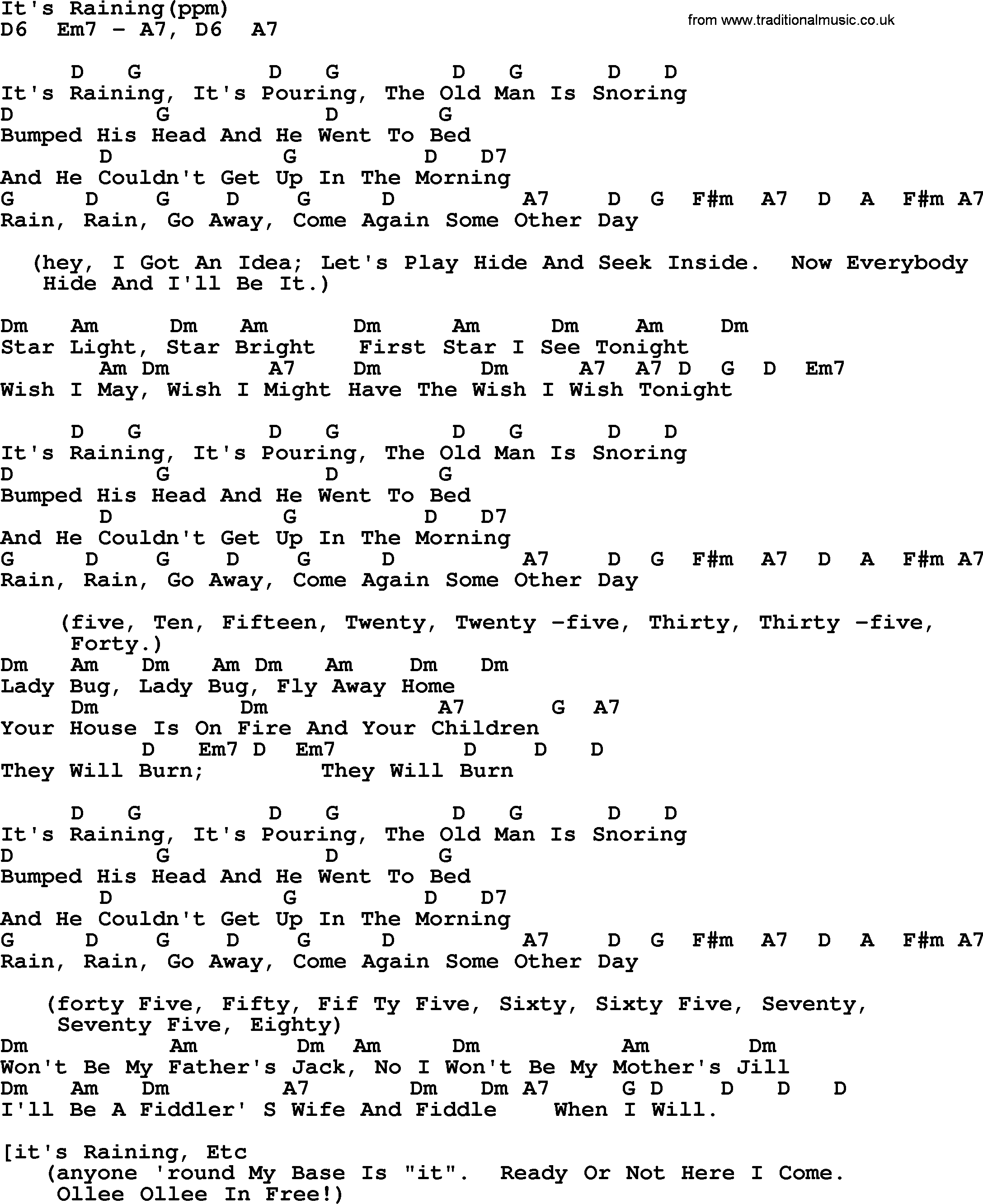 Peter, Paul and Mary song Its Raining, lyrics and chords