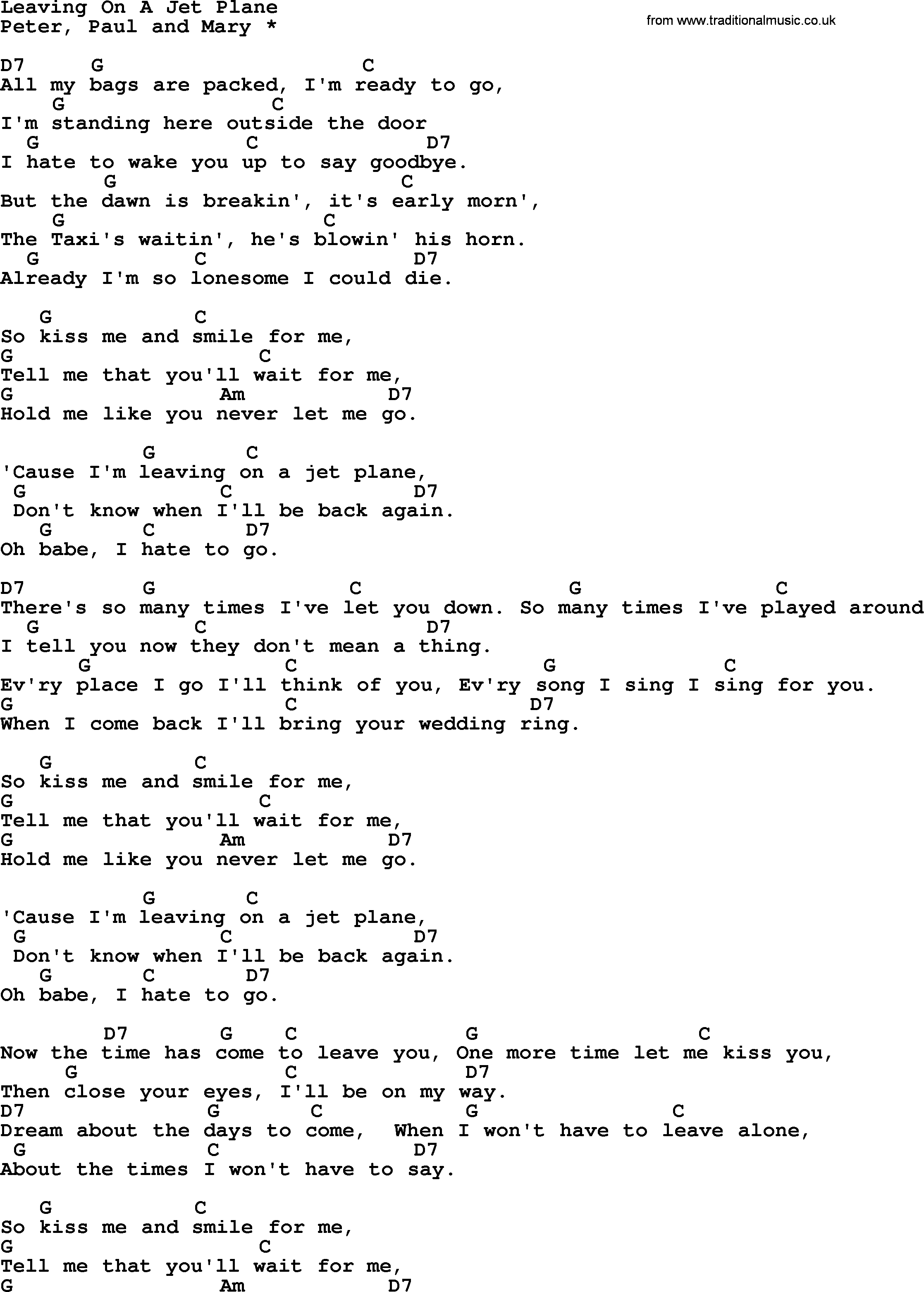 Peter, Paul and Mary song Leaving On A Jet Plane Ver2, lyrics and chords