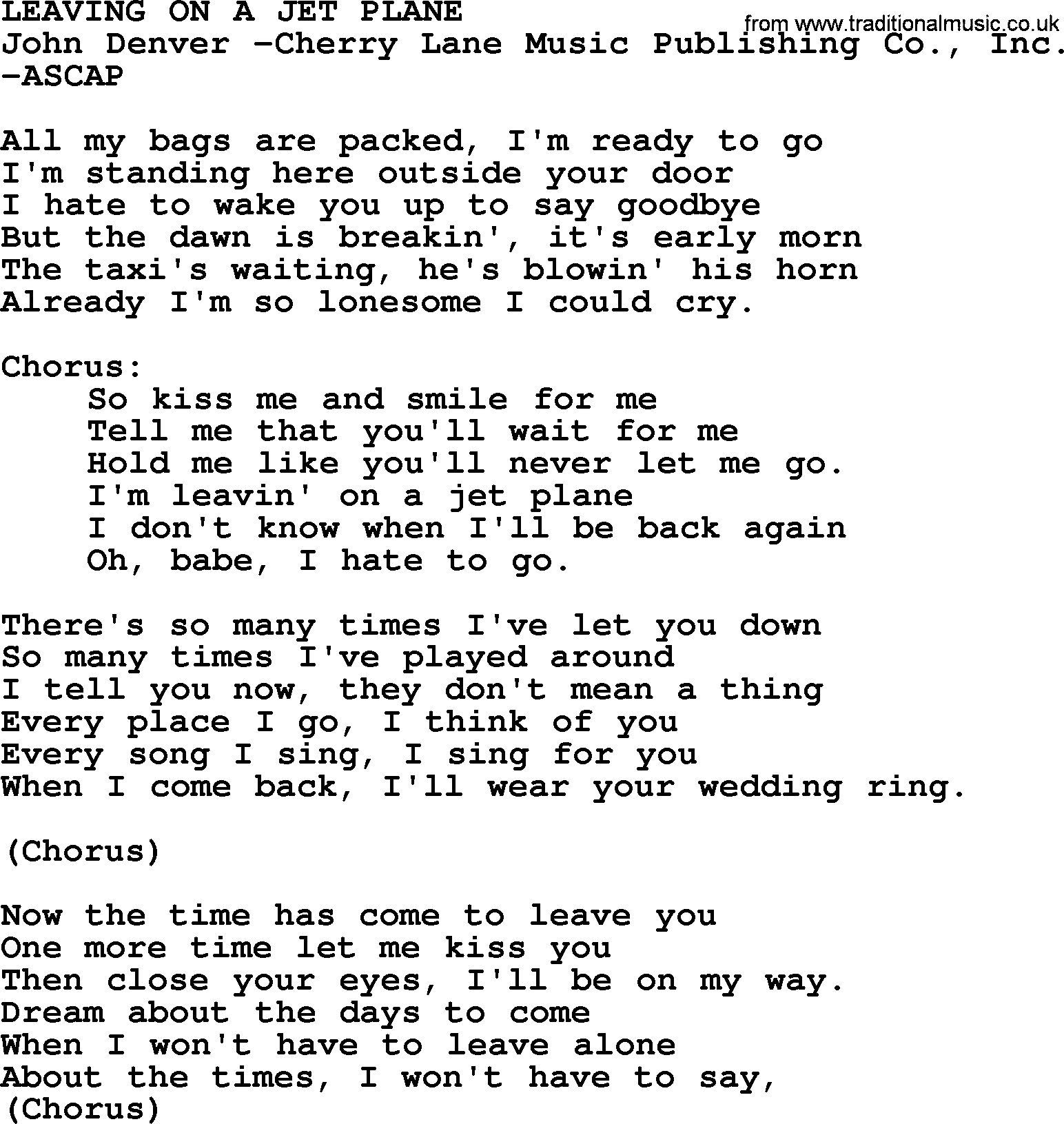 Peter, Paul and Mary song Leaving On A Jet Plane lyrics