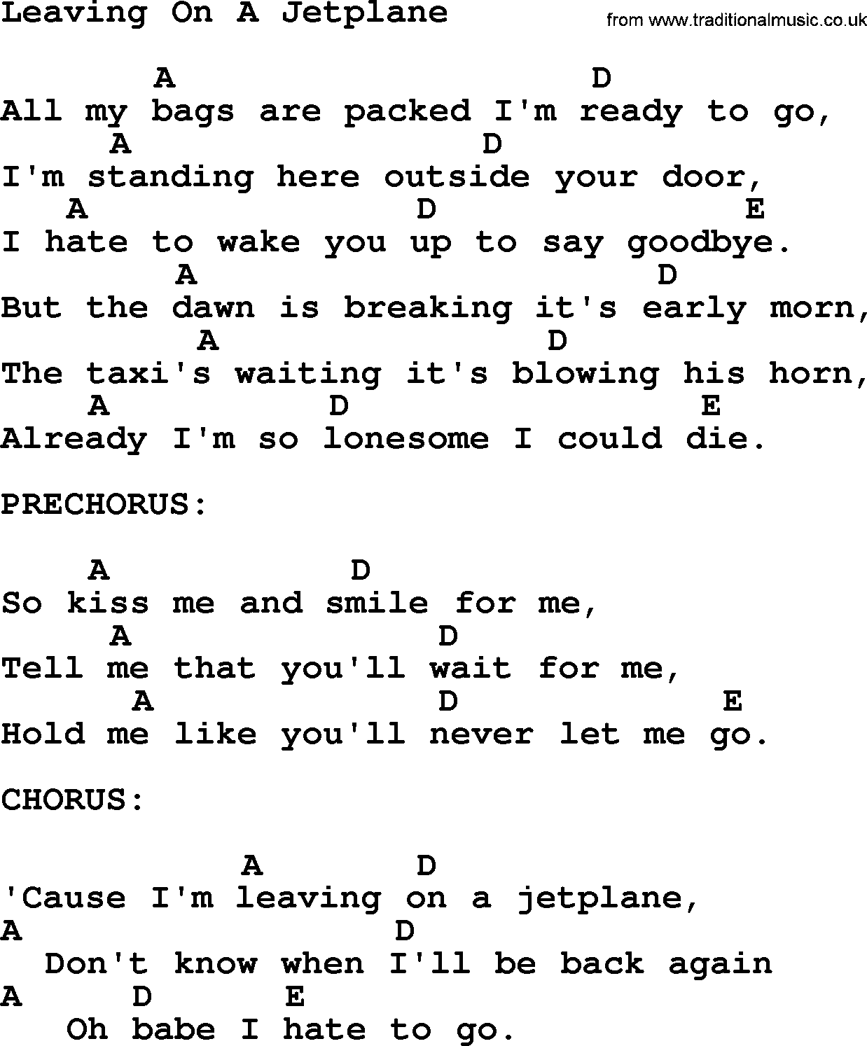 Peter, Paul and Mary song Leaving On A Jetplane, lyrics and chords